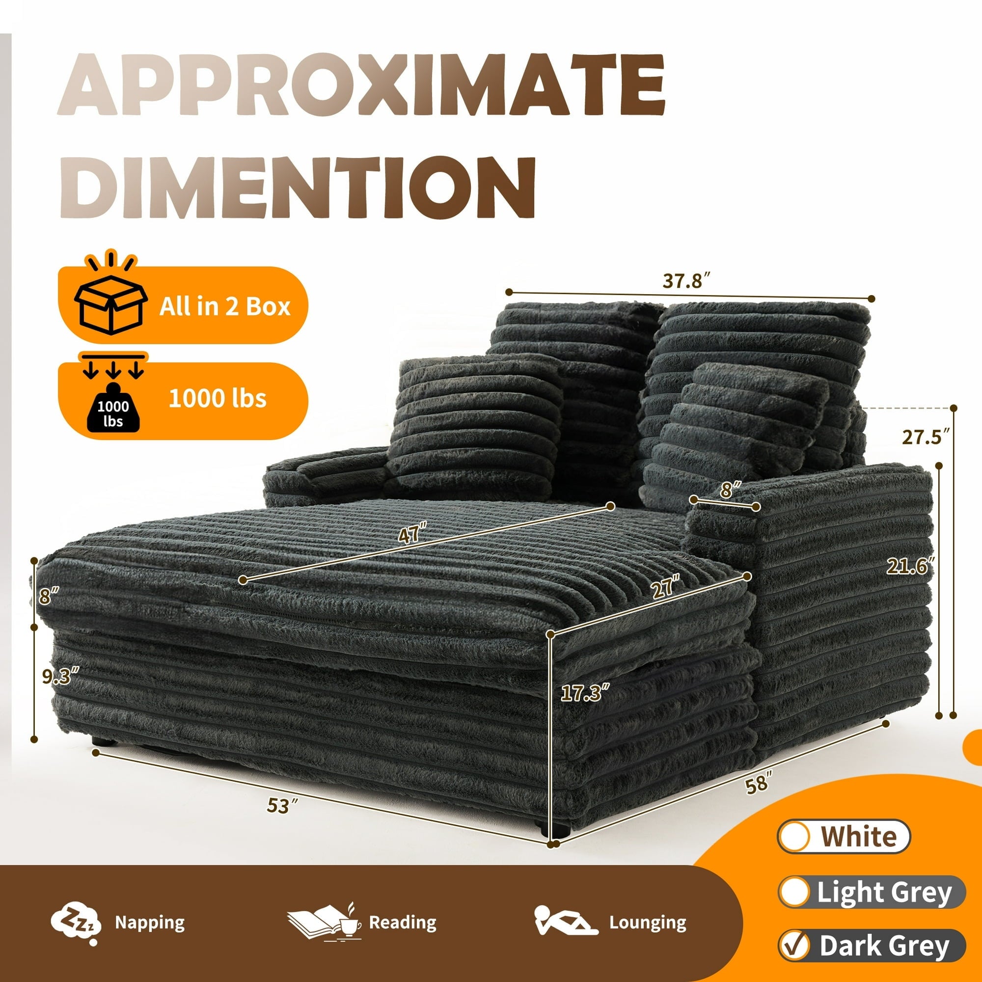 FIONA’S MAGIC 53" Oversized Chaise Lounge Chair with 4 Striped Pillow, Velvet Full Size Chair Bed for Living Room, Bedroom, Dark Gray