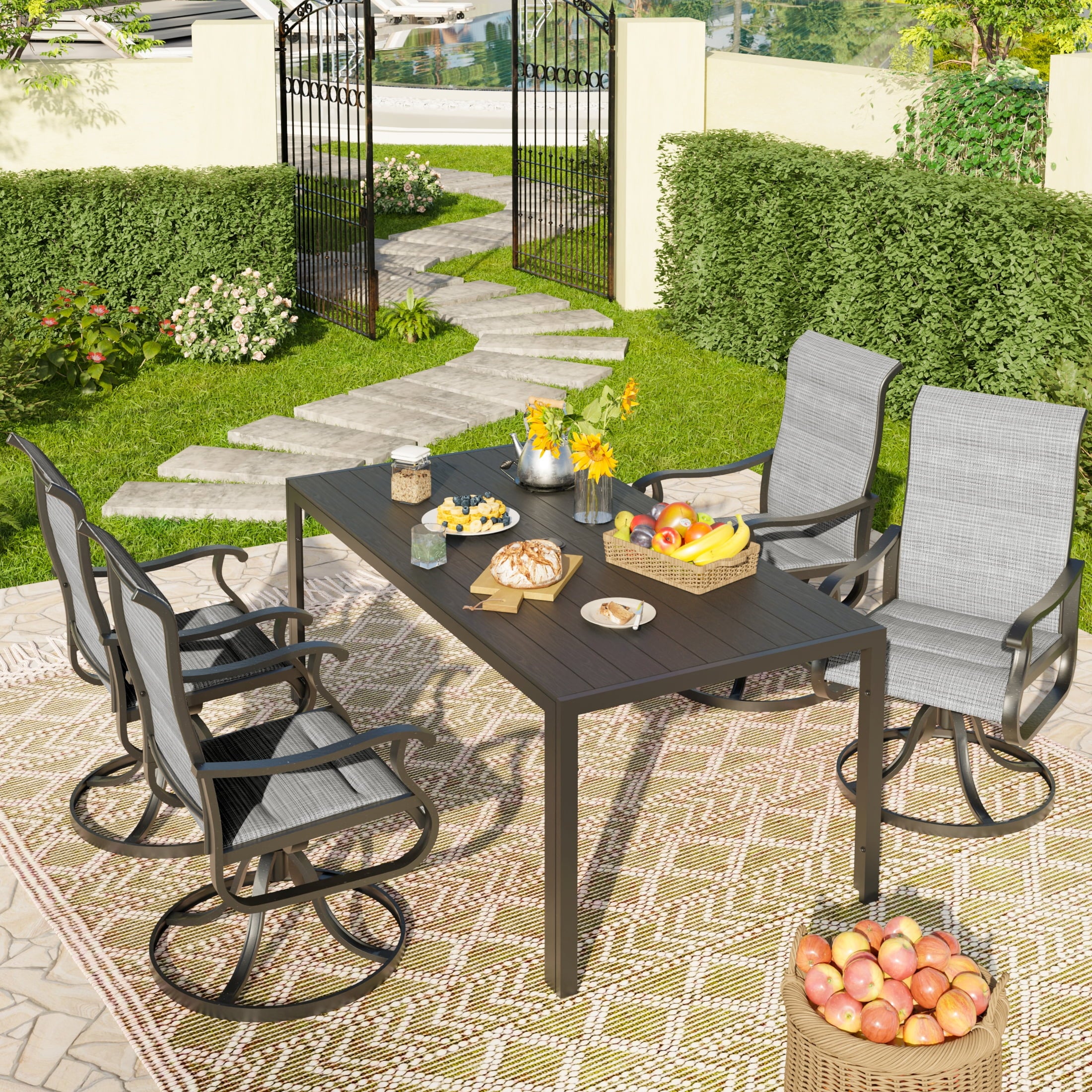 UDPATIO 5-Piece Outdoor Dining Set with High-Back Swivel Padded Chairs & Iron Rectangle Table for 4-Person, Black & Light Gray