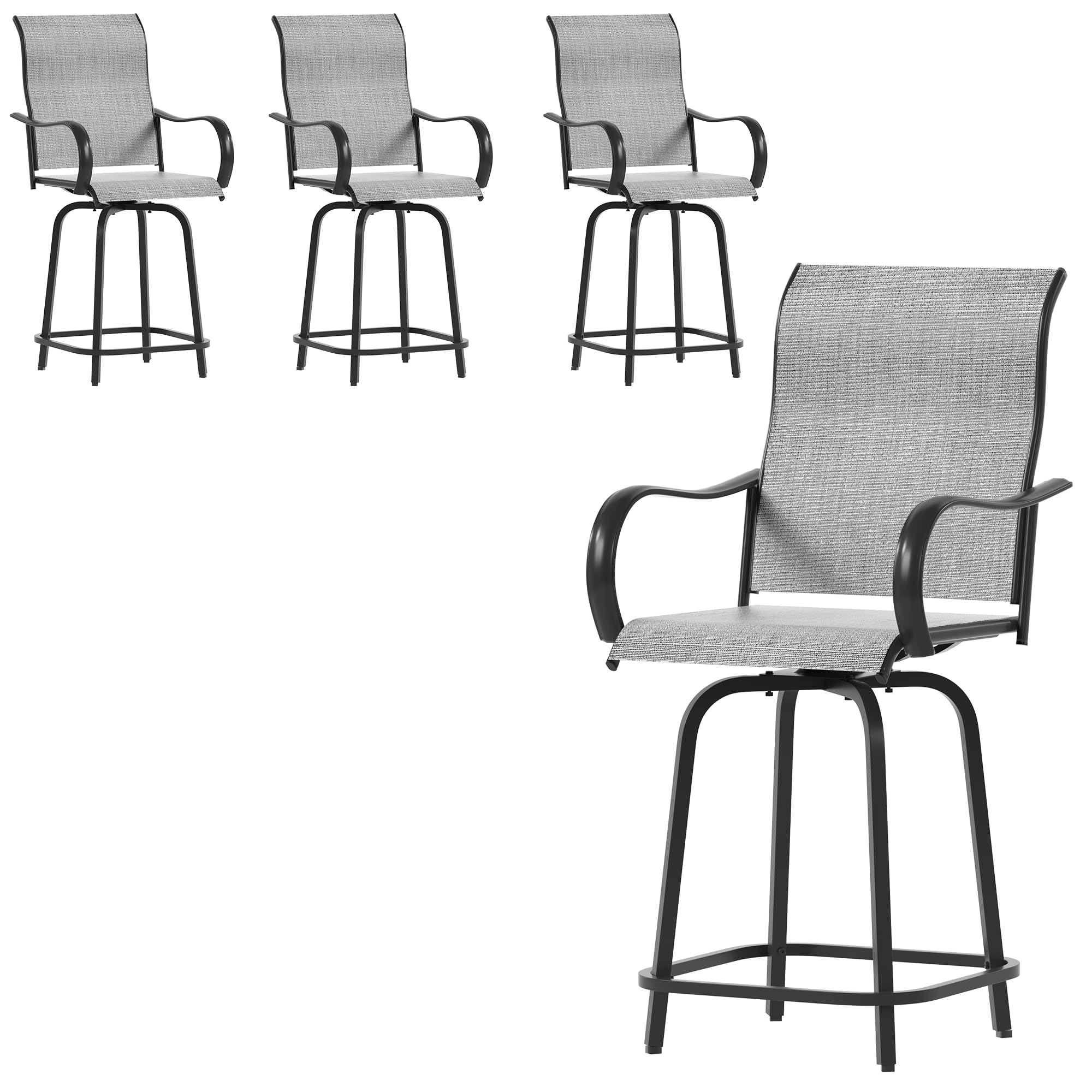 UDPATIO Outdoor Swivel Bar Stools Set of 4,Outdoor High Bistro Stools with Waterproof Textile Fabric,Armrest,Footrest,All Weather Bar Height Patio Chairs for Poolside, Garden, Backyard,Grey White