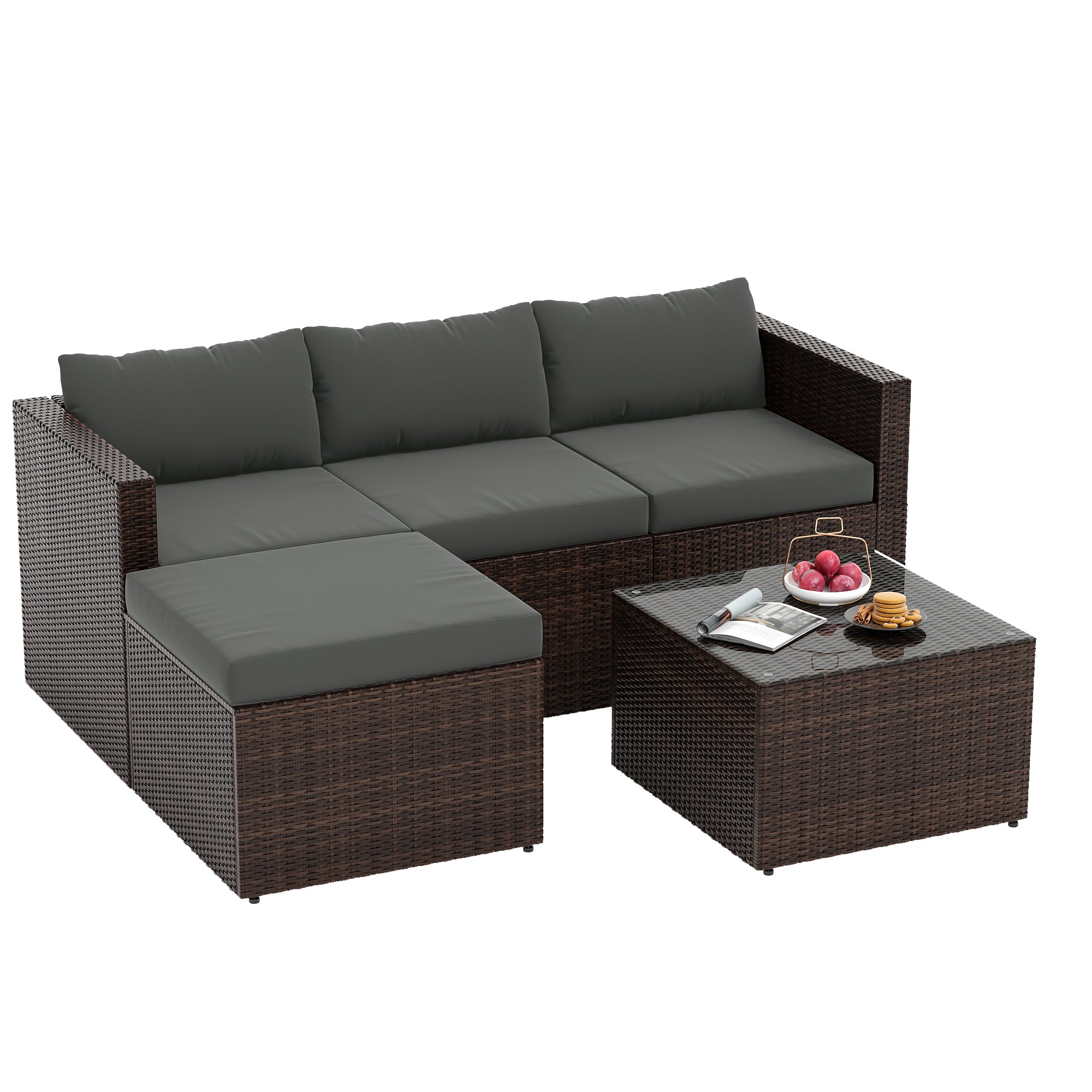 UDPATIO 5 Piece Patio Furniture Set, All-Weather Wicker Outdoor Sectional Sofa, Rattan L Shaped Outdoor Conversation Patio Sectional with Ottoman, Glass Table for Balcony Porch Backyard,Grey