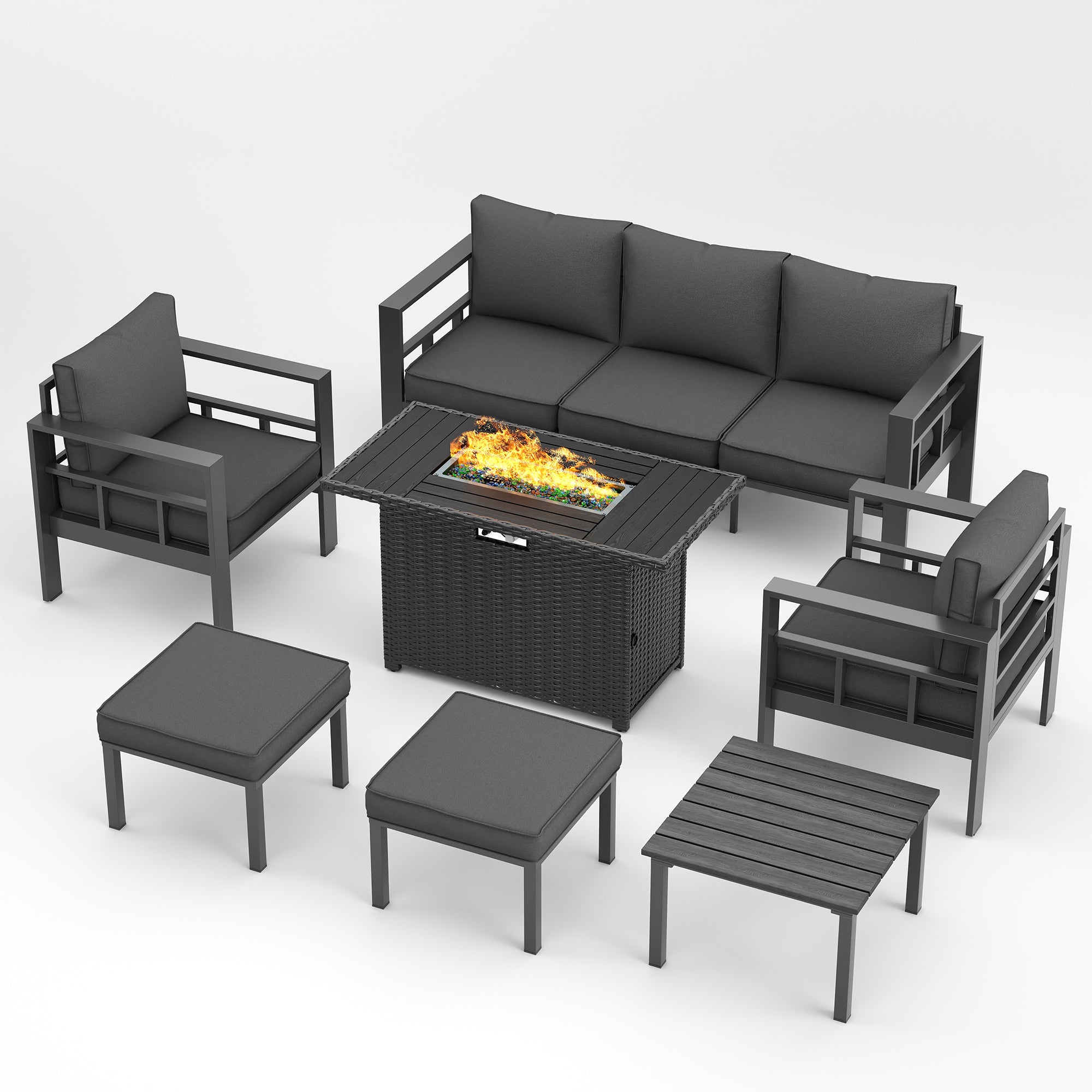 UDPATIO Aluminum Outdoor Furniture Set with 2 Ottomans and Fire Pit Table, 7 Pieces All-Weather & UV-Resistant Patio Sectional Sofa Set for Deck, Backyard, Poolside, Dark Gray