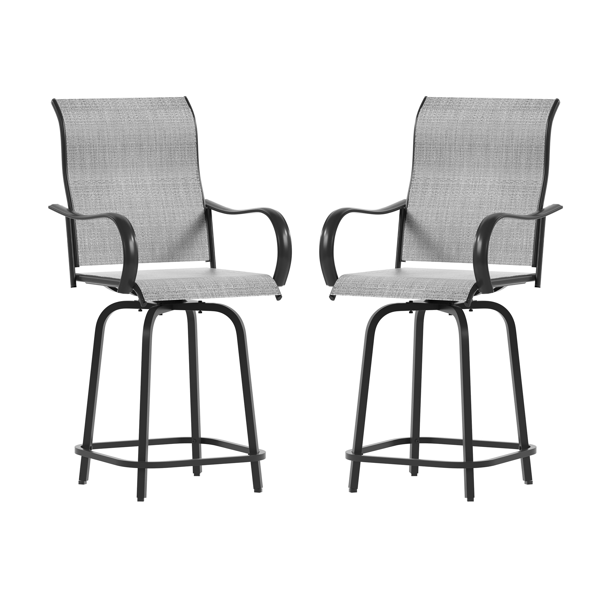 UDPATIO Outdoor Swivel Bar Stools Set of 2,Outdoor High Bistro Stools with Waterproof Textile Fabric,Armrest,Footrest,All Weather Bar Height Patio Chairs for Poolside, Garden, Backyard,Grey White