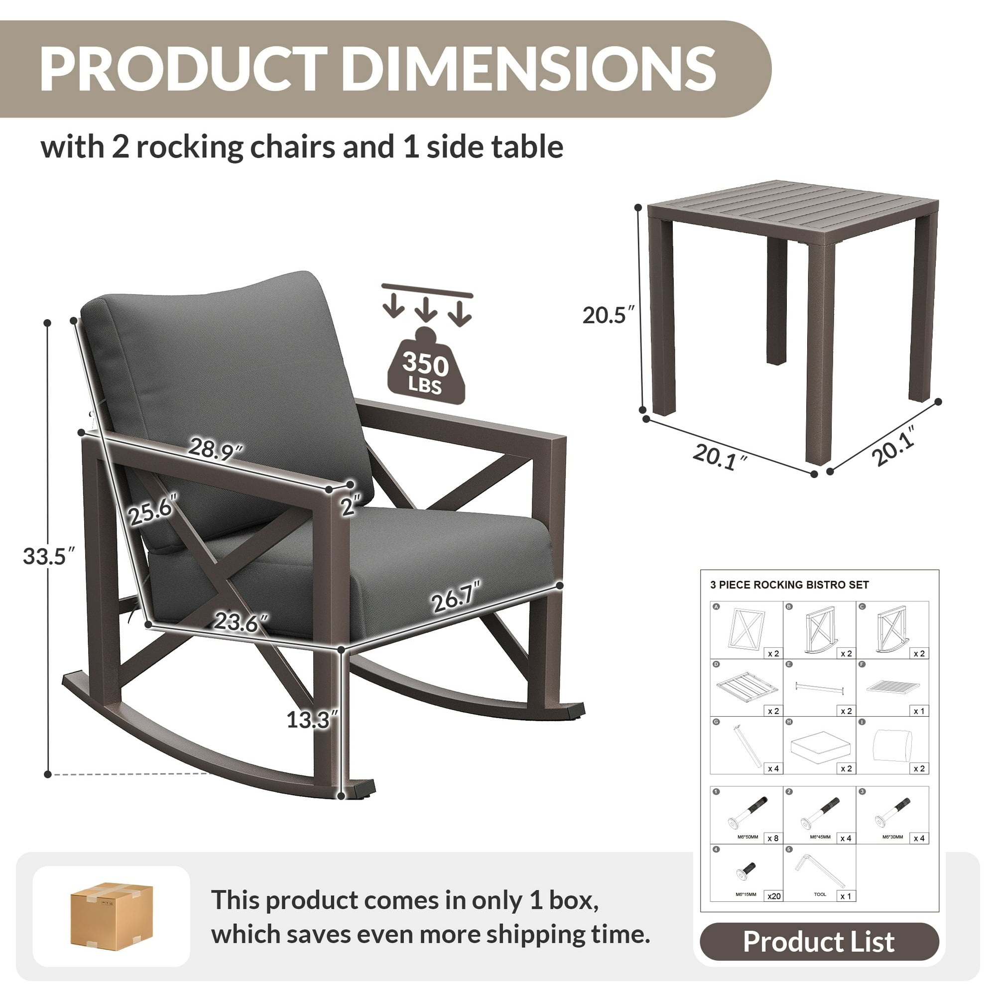 UDPATIO Rocking Chair Bistro Set, 3 Piece Outdoor Patio Furniture Set with 2 Rockers and 1 Metal Coffee Table with Thick Cushions for Porch, Backyard, Poolside, Grey