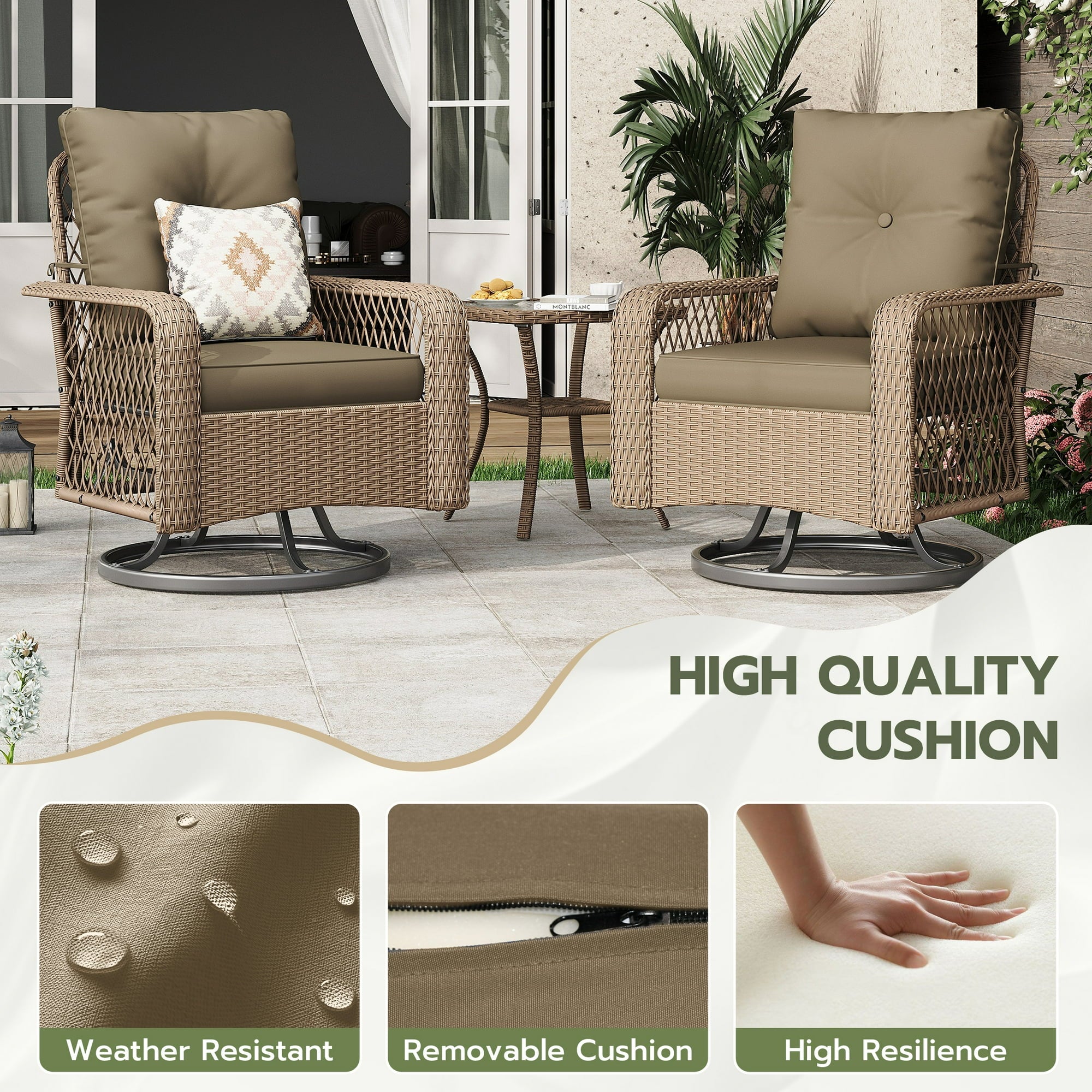 UDPATIO 3 Pieces Patio Furniture Set, Outdoor Swivel Gliders Rocker, Wicker Patio Bistro Set with Rattan Rocking Chair, Glass Top Side Table and Thickened Cushions (Brown coffee)