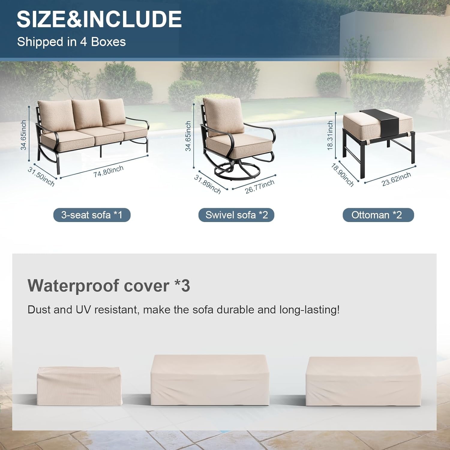 UDPATIO Patio Furniture Set,Metal Patio Furniture Sets,Beige Modern Outdoor Furniture,5 Piece Outdoor Patio Furniture with 5.75" Extra Thick Cushion for Backyard,Garden(Include Waterproof Covers)