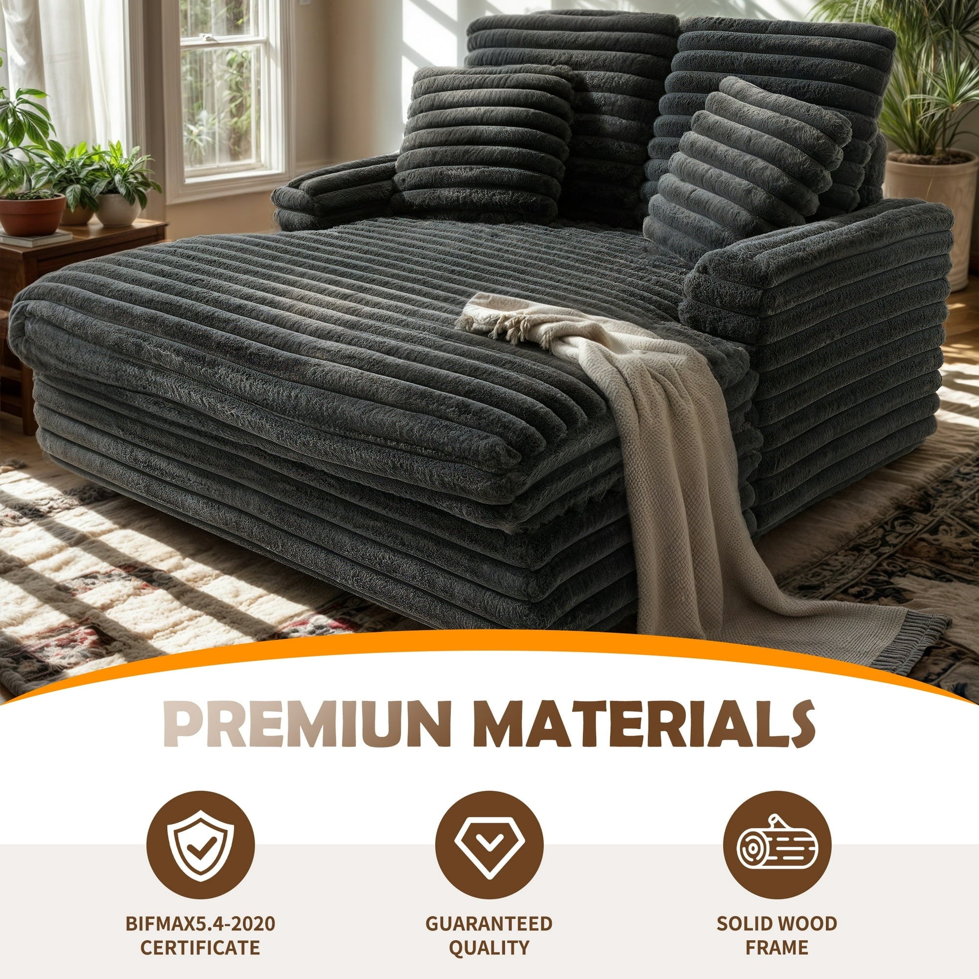 FIONA’S MAGIC 53" Oversized Chaise Lounge Chair with 4 Striped Pillow, Velvet Full Size Chair Bed for Living Room, Bedroom, Dark Gray