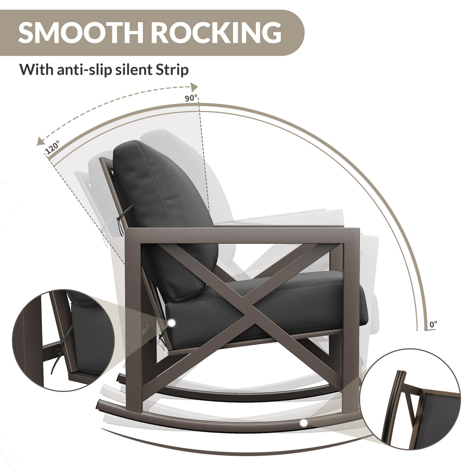 UDPATIO Rocking Chair Bistro Set, 3 Piece Outdoor Patio Furniture Set with 2 Rockers and 1 Metal Coffee Table with Thick Cushions for Porch, Backyard, Poolside, Grey