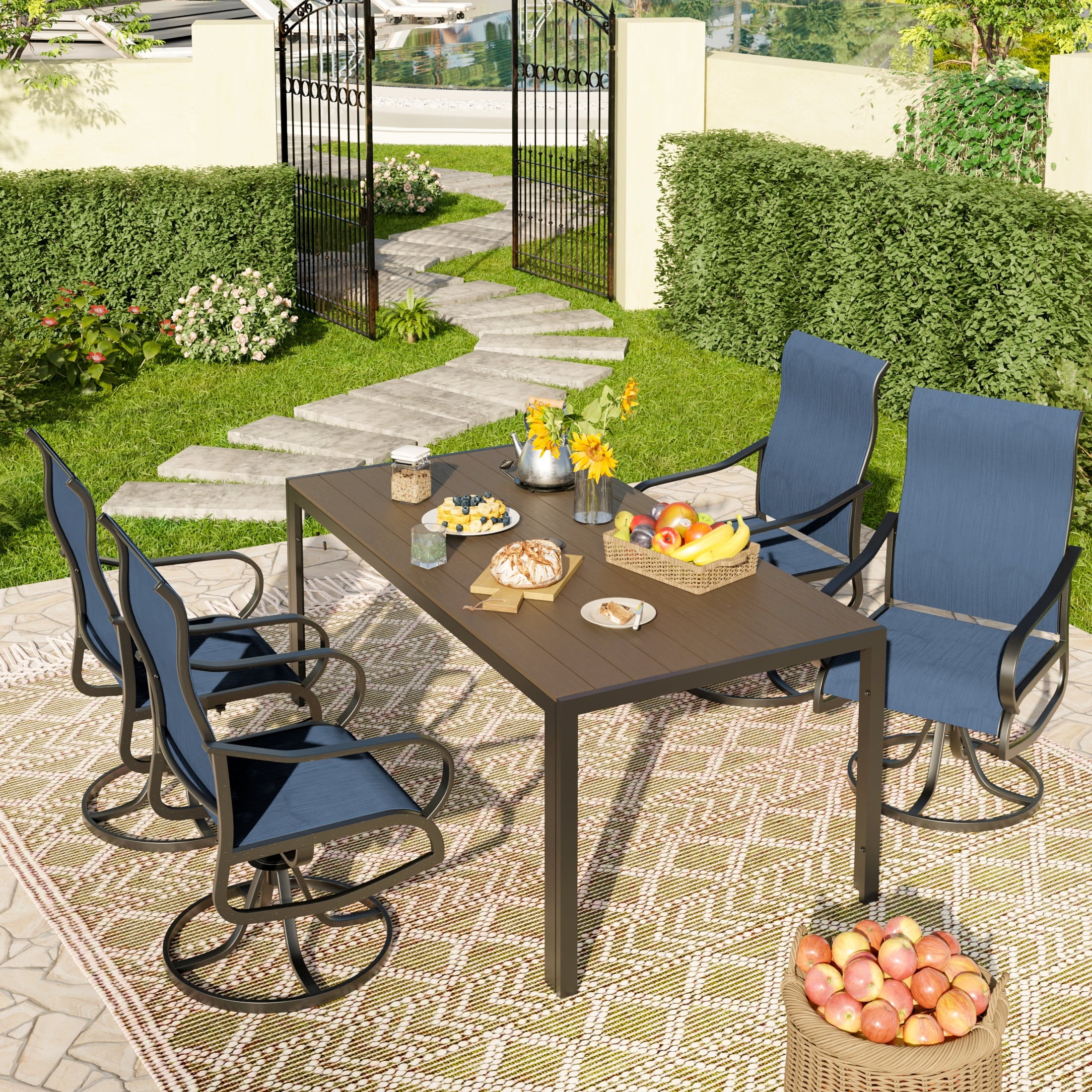 UDPATIO 5-Piece Outdoor Dining Set with High-Back Swivel Chairs & Iron Rectangle Table for 4-Person, Brown & Navy Blue