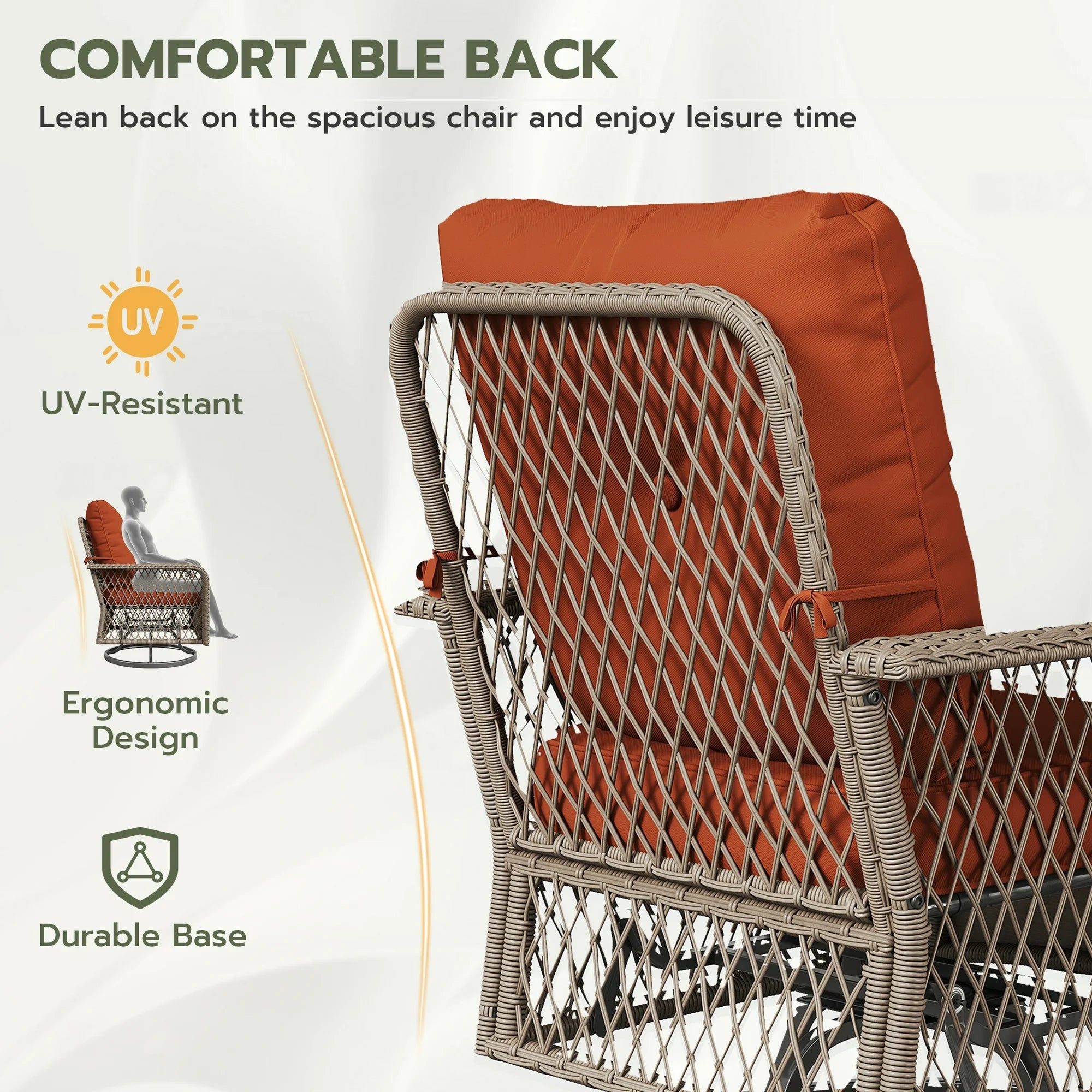UDPATIO 3 Pieces Patio Furniture Set, Outdoor Swivel Gliders Rocker, Wicker Patio Bistro Set with Rattan Rocking Chair, Glass Top Side Table and Thickened Cushions for Porch Deck Backyard (Tangerine)