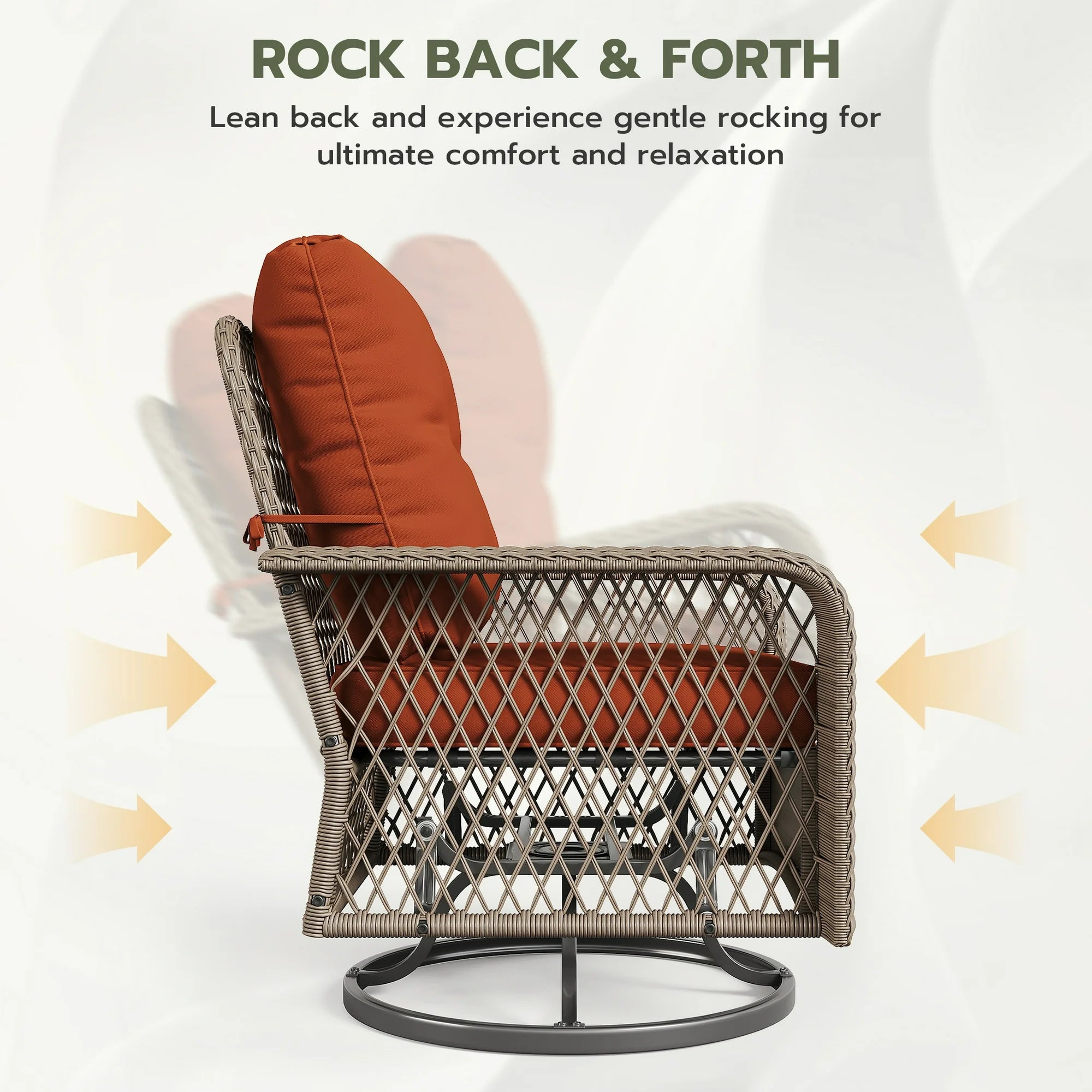 UDPATIO 3 Pieces Patio Furniture Set, Outdoor Swivel Gliders Rocker, Wicker Patio Bistro Set with Rattan Rocking Chair, Glass Top Side Table and Thickened Cushions for Porch Deck Backyard (Tangerine)