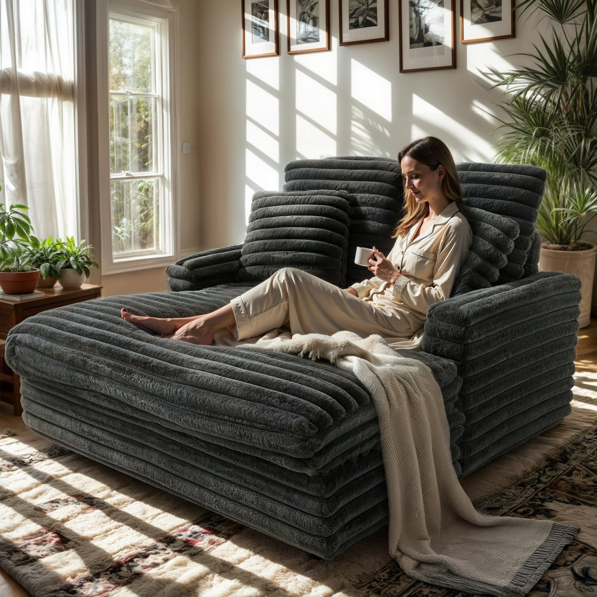 FIONA’S MAGIC 53" Oversized Chaise Lounge Chair with 4 Striped Pillow, Velvet Full Size Chair Bed for Living Room, Bedroom, Dark Gray