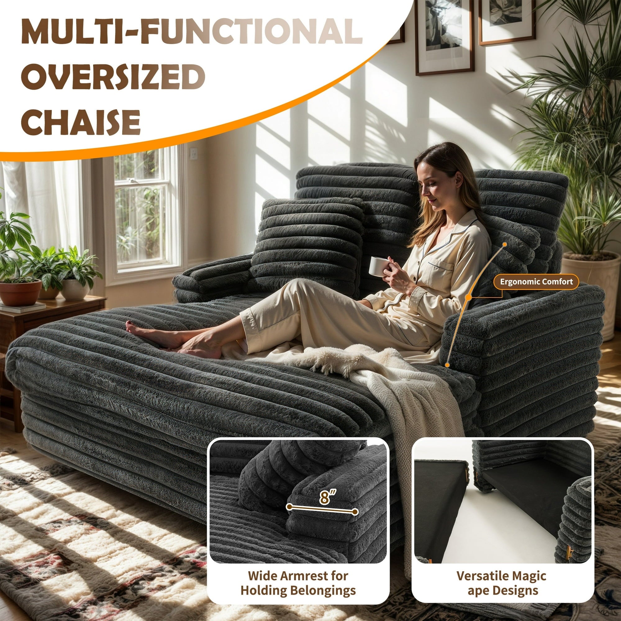 FIONA’S MAGIC 53" Oversized Chaise Lounge Chair with 4 Striped Pillow, Velvet Full Size Chair Bed for Living Room, Bedroom, Dark Gray