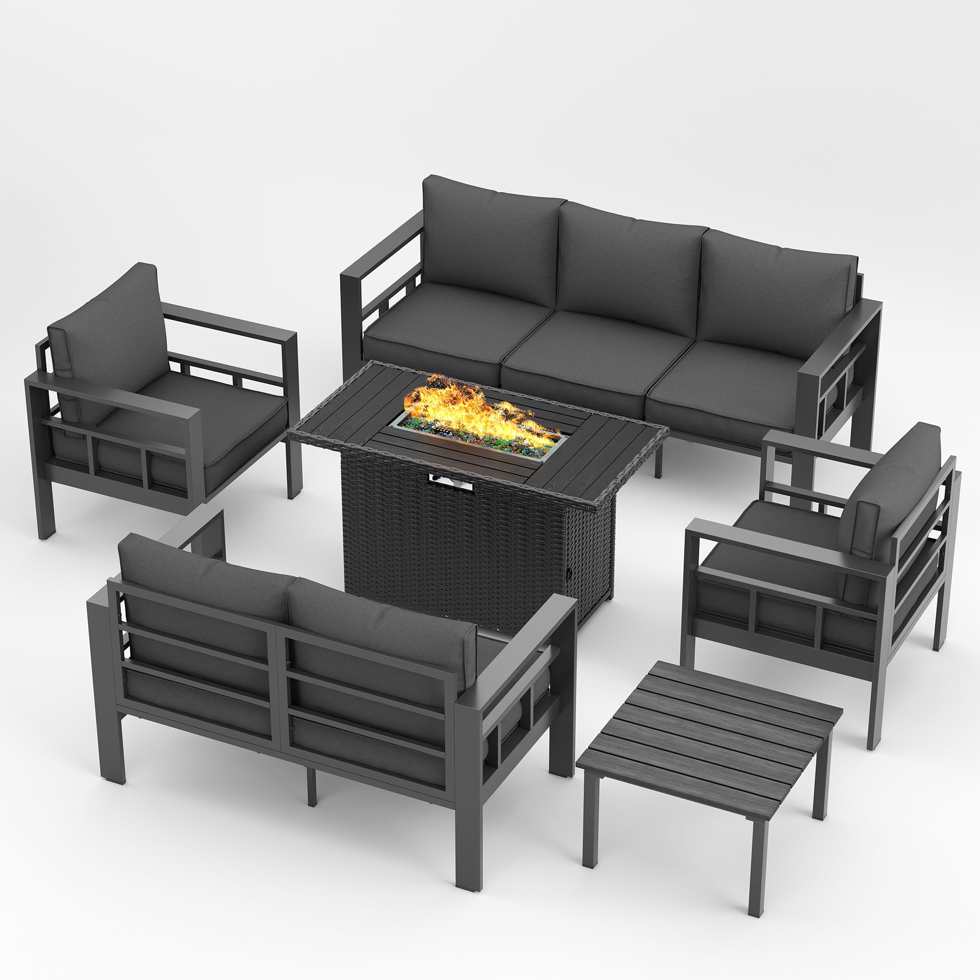 UDPATIO Aluminum Outdoor Furniture Set with Fire Pit Table, 6 Pieces All-Weather & UV-Resistant Patio Sectional Sofa Set for Deck, Backyard, Poolside, Dark Gray