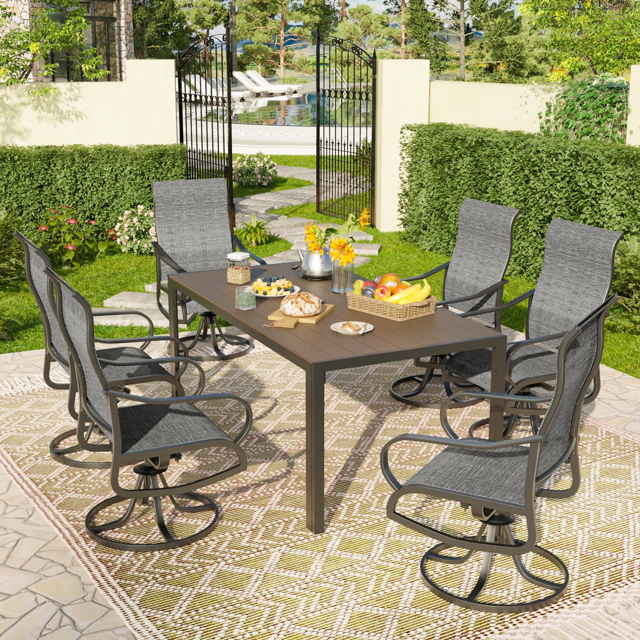 UDPATIO 7-Piece Outdoor Dining Set with High-Back Swivel Chairs & Iron Rectangle Table for 6-Person, Brown & Dark Grey
