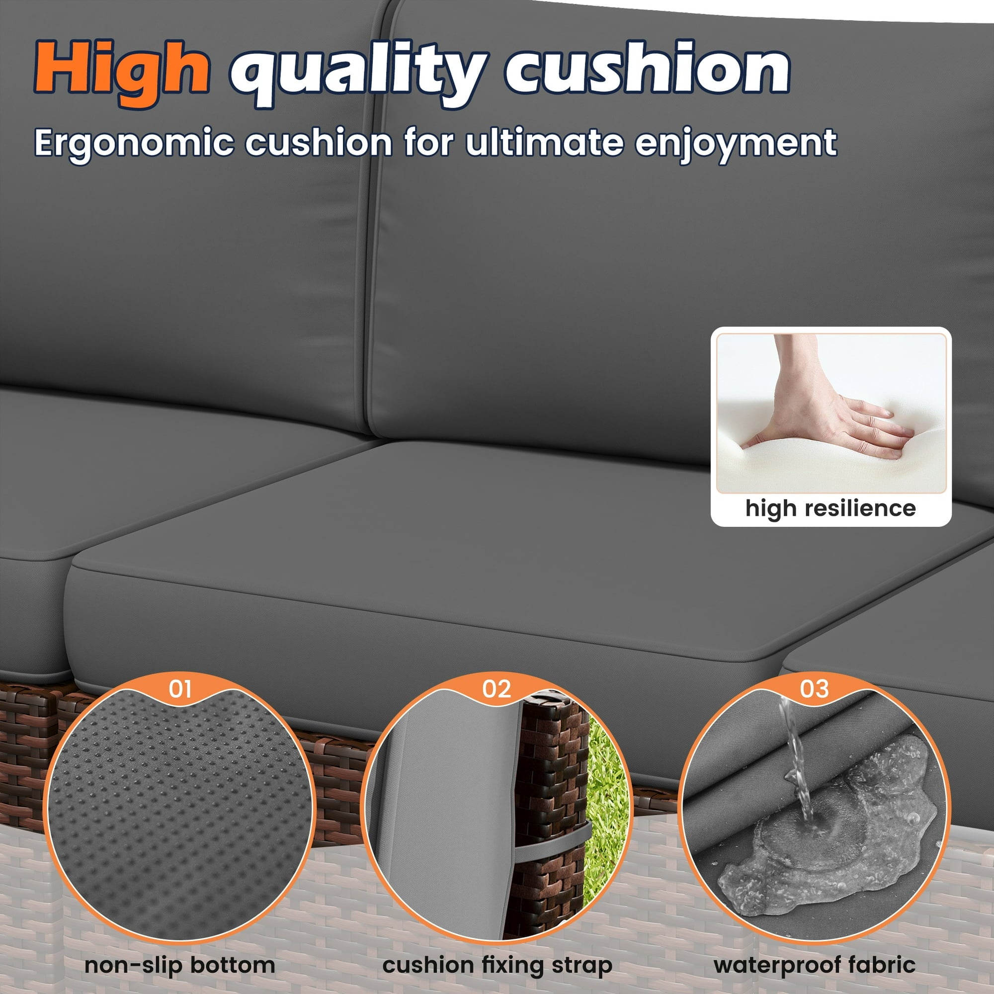 UDPATIO 6-Piece Patio Furniture Set, Outdoor Patio Sofa Set With Wide Armrest, All-Weather Wicker Rattan Guest Set With Cushion And Glass Table And Waterproof Cover, Brown & Dark Grey