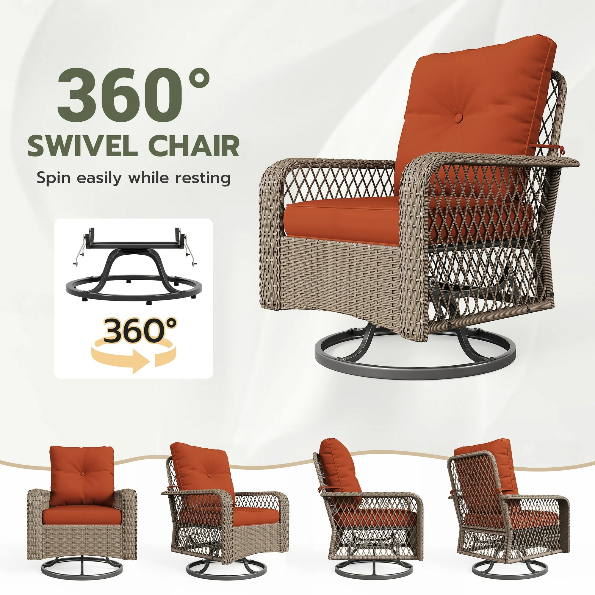 UDPATIO 3 Pieces Patio Furniture Set, Outdoor Swivel Gliders Rocker, Wicker Patio Bistro Set with Rattan Rocking Chair, Glass Top Side Table and Thickened Cushions for Porch Deck Backyard (Tangerine)