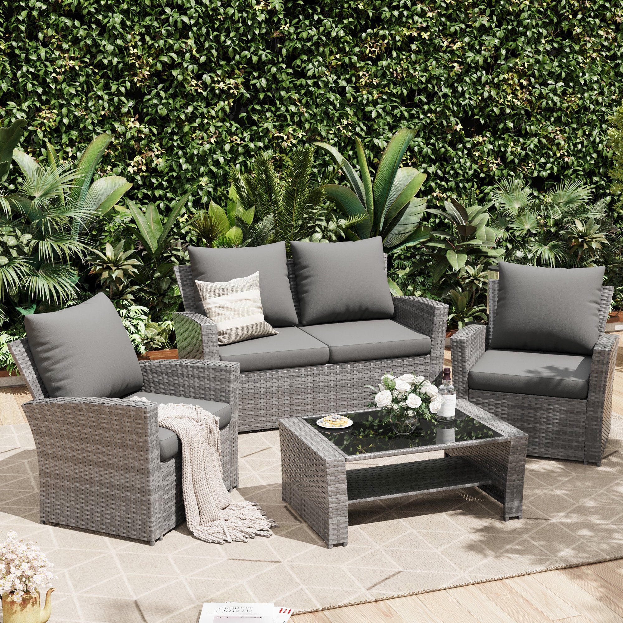 UDPATIO 4 Piece Outdoor Sectional Conversation Sets, Wicker Patio Furniture Set with Gray PE Rattan Patio Sofa Set for Balcony, Porch, Backyard, Gray