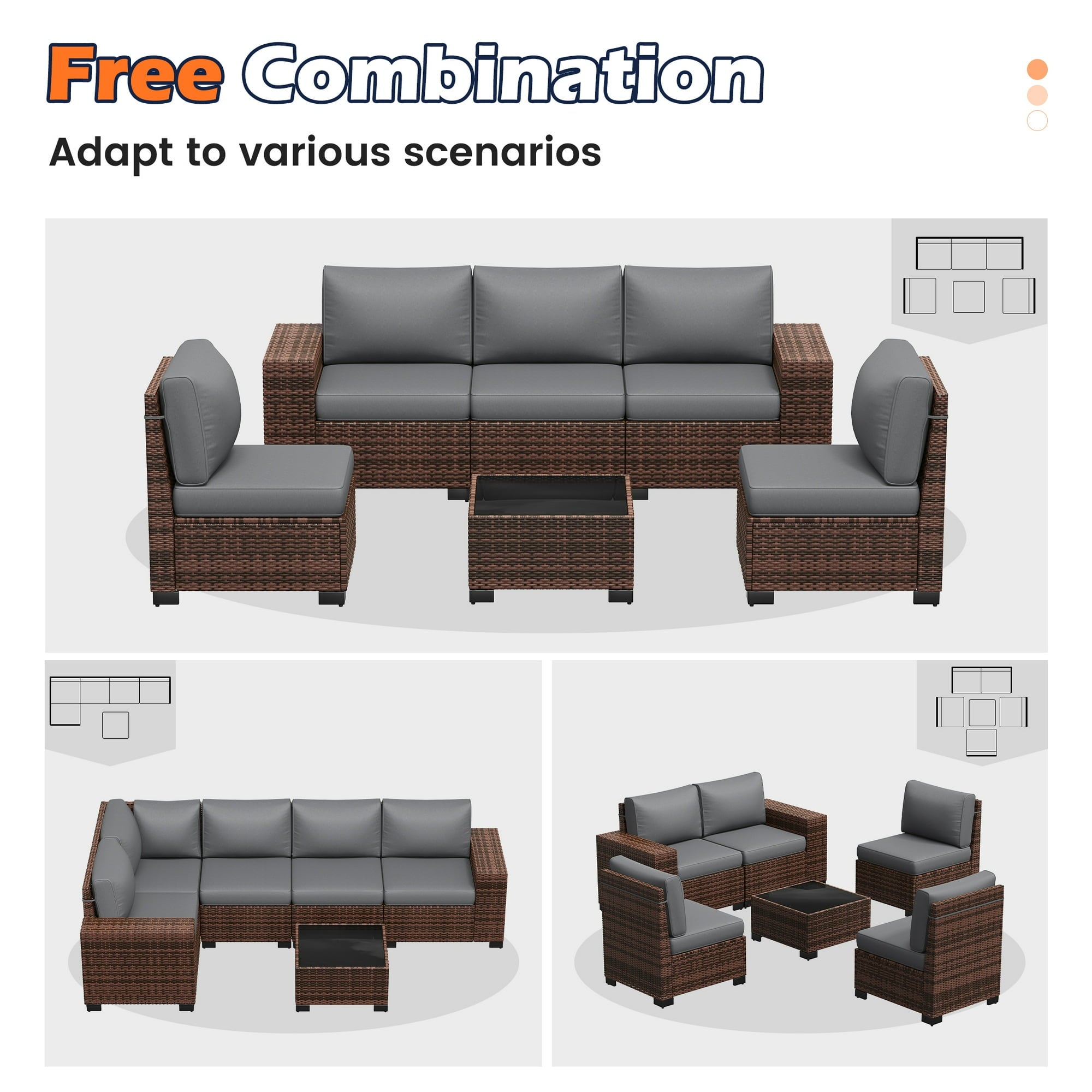 UDPATIO 6-Piece Patio Furniture Set, Outdoor Patio Sofa Set With Wide Armrest, All-Weather Wicker Rattan Guest Set With Cushion And Glass Table And Waterproof Cover, Brown & Dark Grey