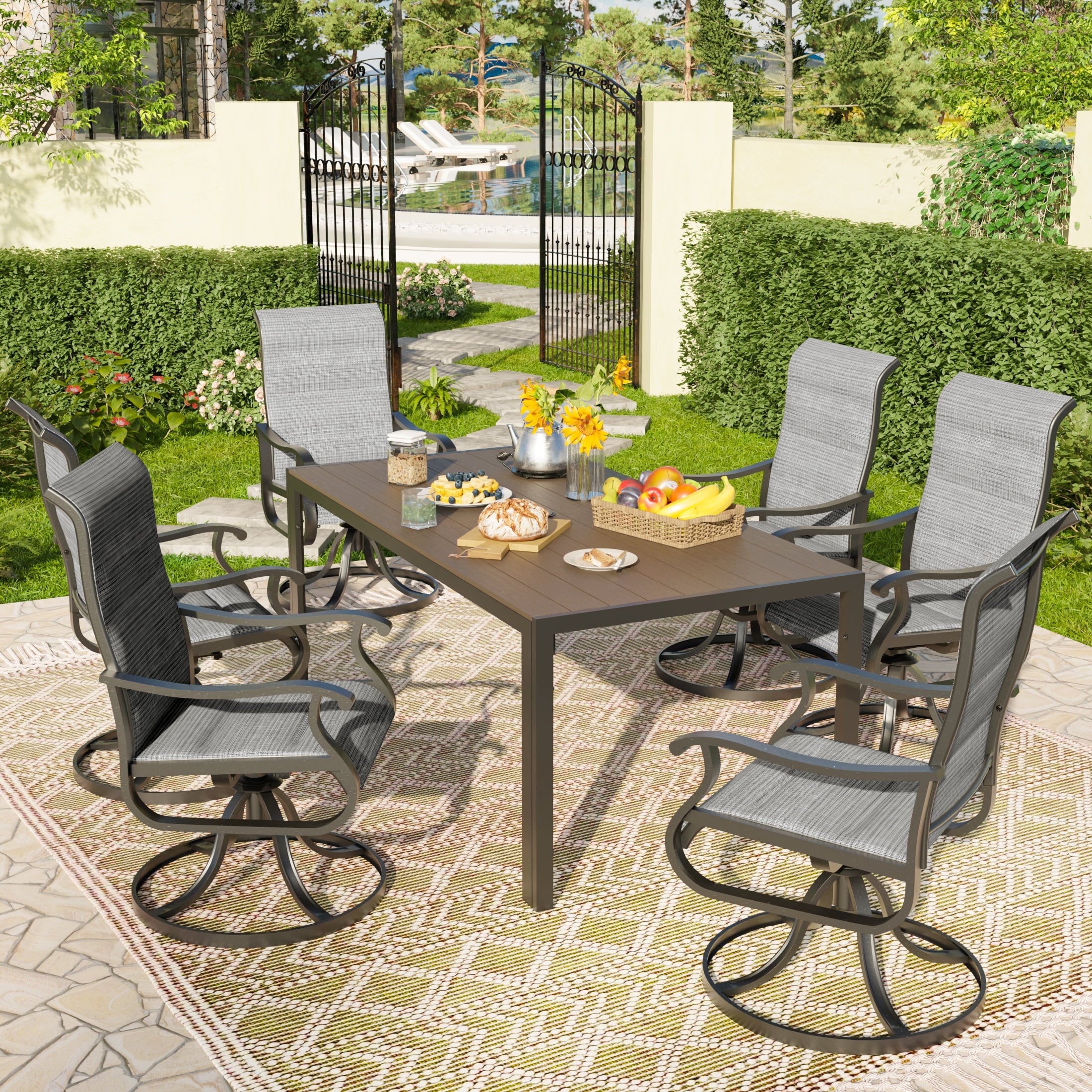 UDPATIO 7-Piece Outdoor Dining Set with High-Back Swivel Padded Chairs & Iron Rectangle Table for 6-Person, Brown & Light Gray