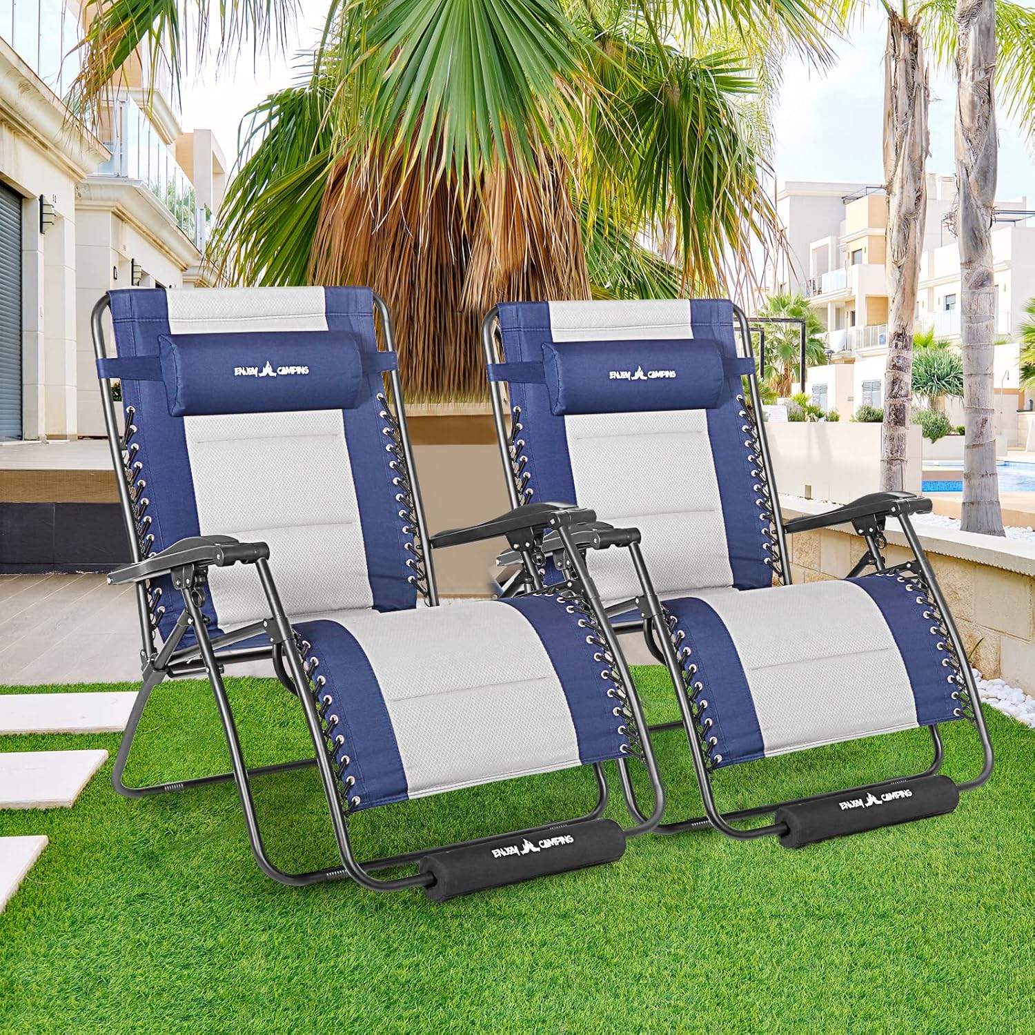 UDPATIO Zero Gravity Chair Set of 2 33In Oversized XXL Patio Anti Gravity Chairs Outdoor Lounge Folding Adjustable Recliner with Cup Holder, Foot Rest & Padded Headrest,Light Grey, Support 500lbs