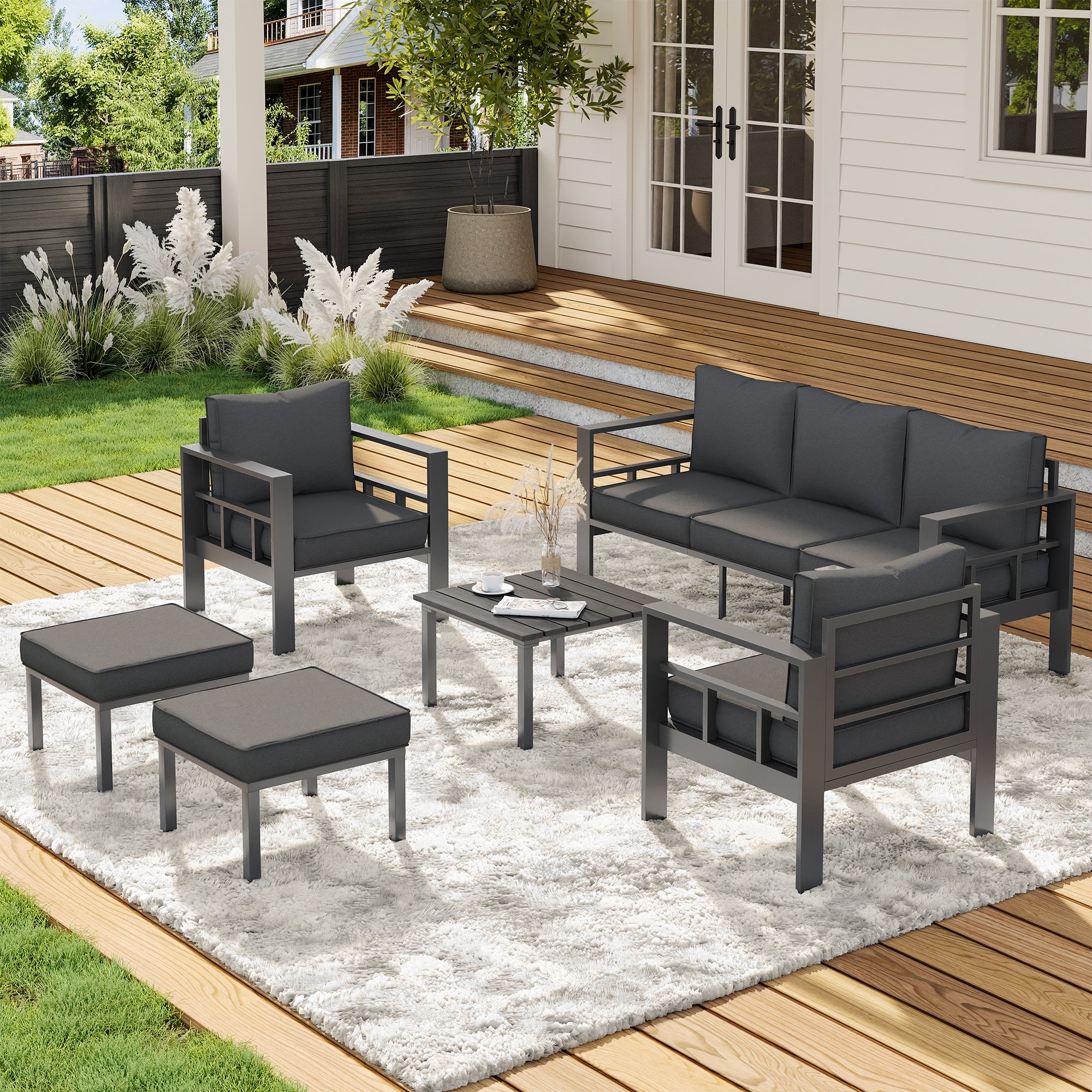 UDPATIO Aluminum Outdoor Furniture Set with 2 Ottomans, 6 Pieces All-Weather & UV-Resistant Patio Sectional Sofa Set for Deck, Backyard, Poolside, Dark Gray