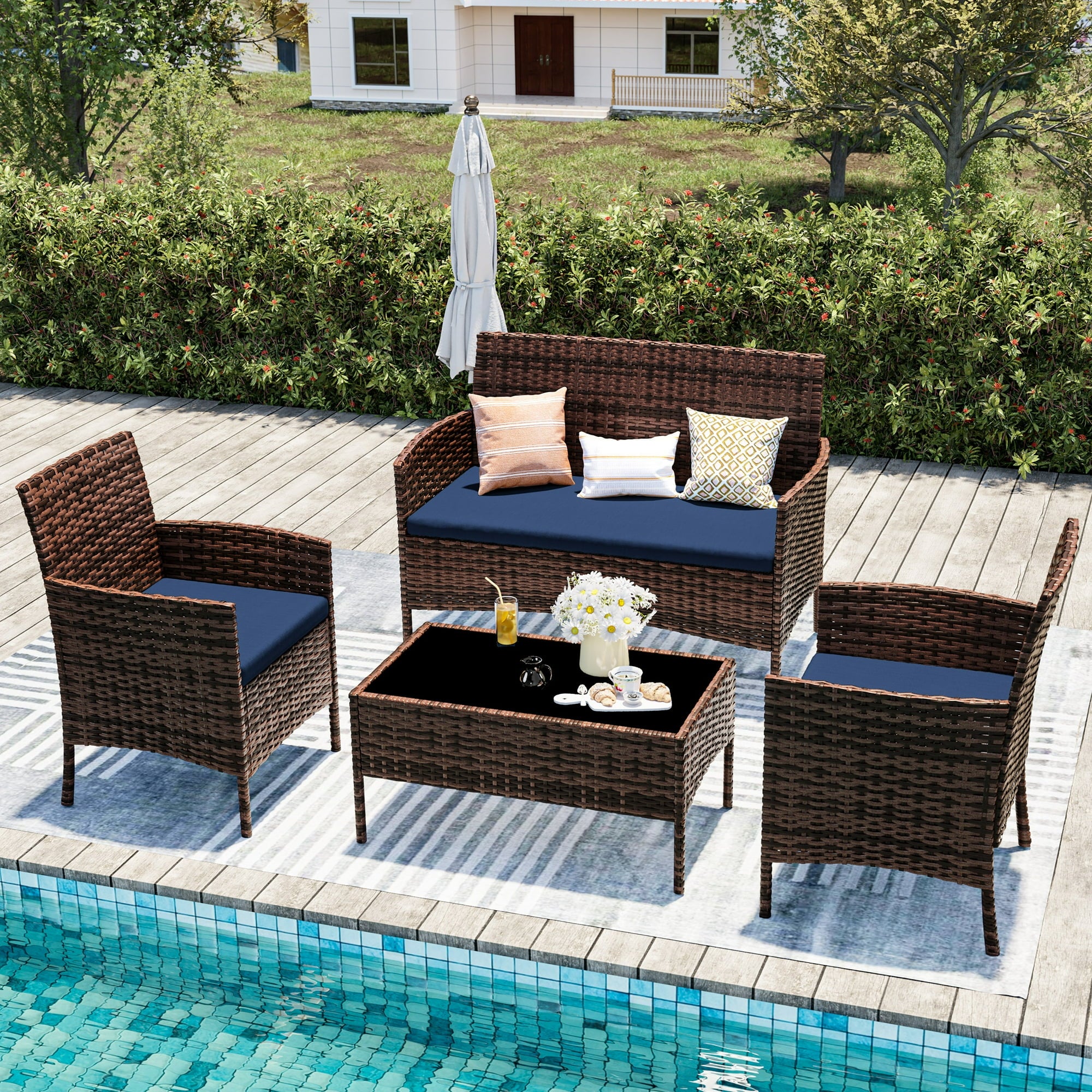 UDPATIO 4 Pieces Outdoor Patio Furniture,Sectional Conversation Sets,Brown PE Rattan Patio Chairs with Table and Loveseat for Balcony, Porch, Backyard,(Navy Blue Cushion)