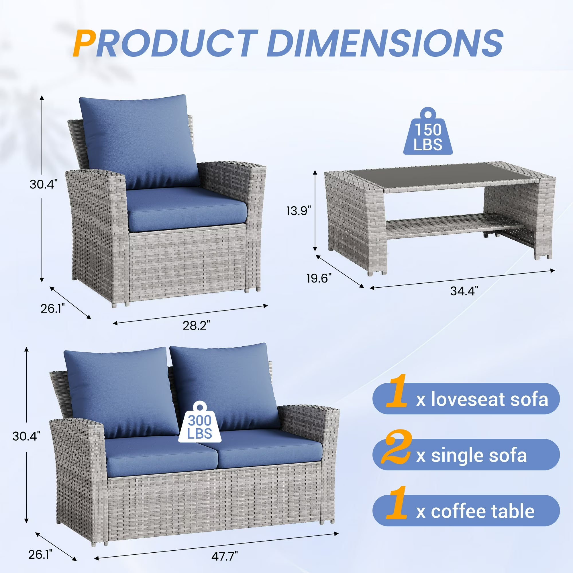 UDPATIO Wicker Patio Furniture Set, 4 Piece Outdoor Sectional Conversation Sets, Gray PE Rattan Patio Sofa Set for Balcony, Porch, Backyard,