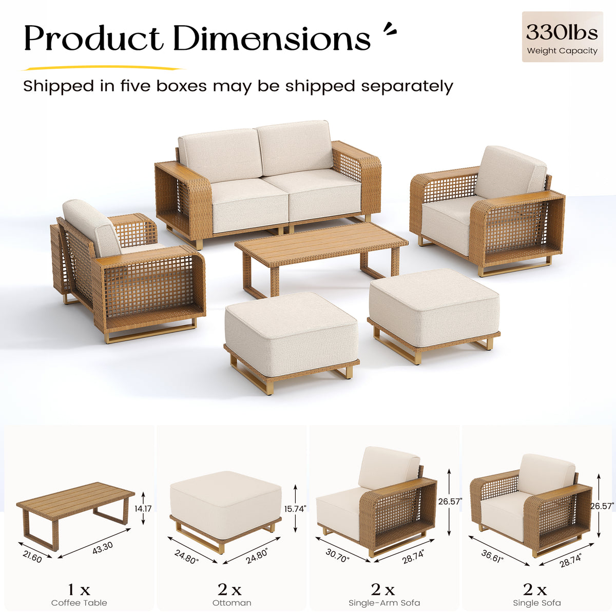 UDPATIO Patio Furniture Set, 10" Thick Wicker Conversation Set, Beige