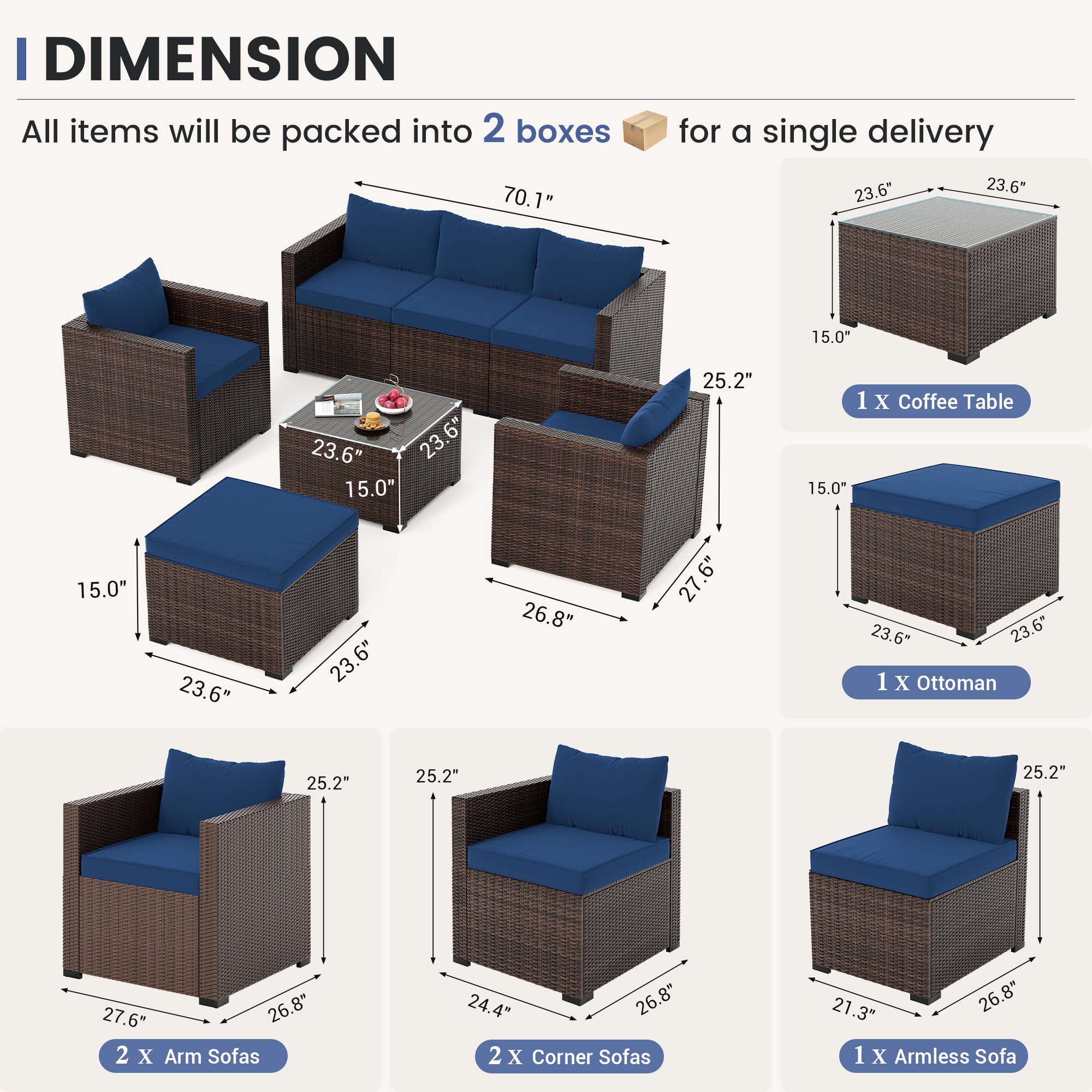 UDPATIO 7 Piece Patio Furniture Set, Outdoor Sectional Sofa, Navy Blue