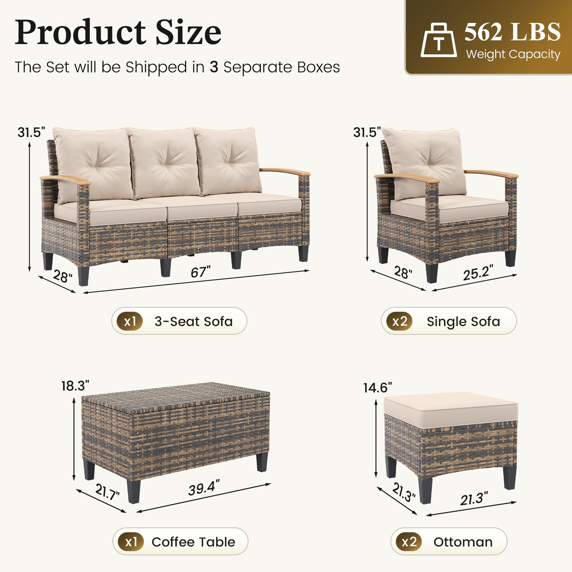 UDPATIO Wider Armrests Patio Furniture Set, 6 Pieces Wicker High Back Outdoor Conversation Set with 2 Ottomans & Storage Table for Lawn, Porch, Garden, Backyard, Khaki