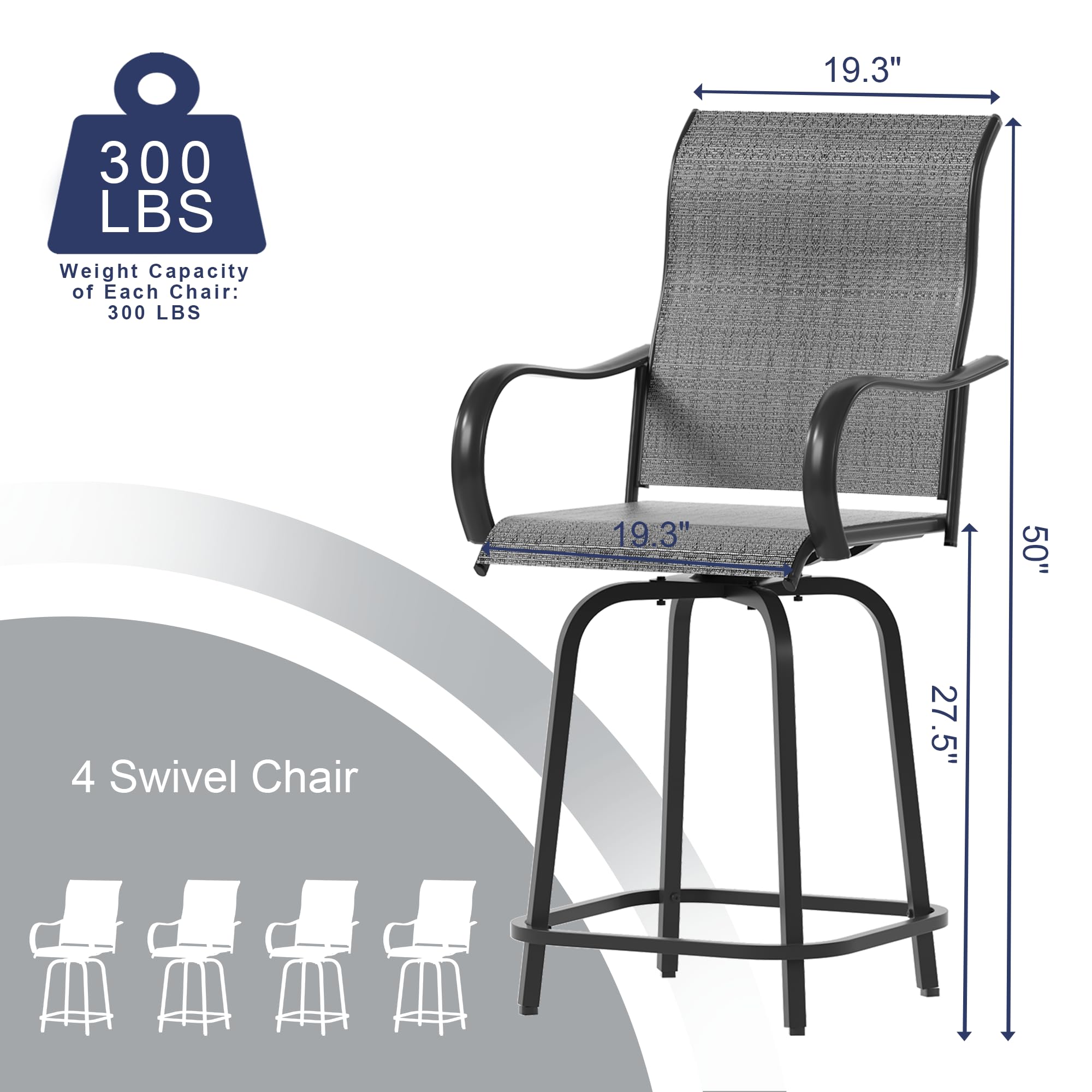 UDPATIO Outdoor Swivel Bar Stools Set of 4,Outdoor High Bistro Stools with Waterproof Textile Fabric,Armrest,Footrest,All Weather Bar Height Patio Chairs for Poolside, Garden, Backyard,Dark Grey