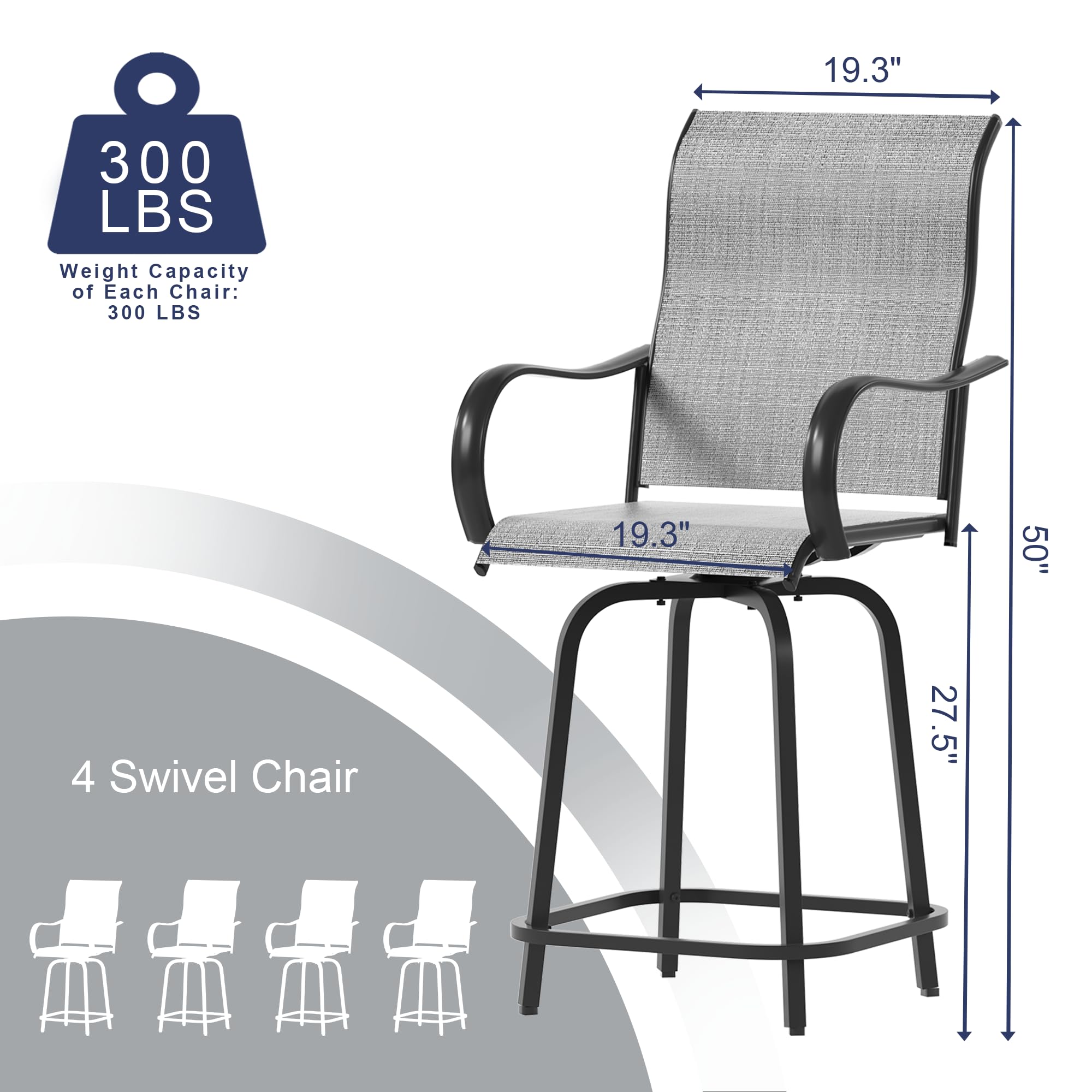 UDPATIO Outdoor Swivel Bar Stools Set of 4,Outdoor High Bistro Stools with Waterproof Textile Fabric,Armrest,Footrest,All Weather Bar Height Patio Chairs for Poolside, Garden, Backyard,Grey White