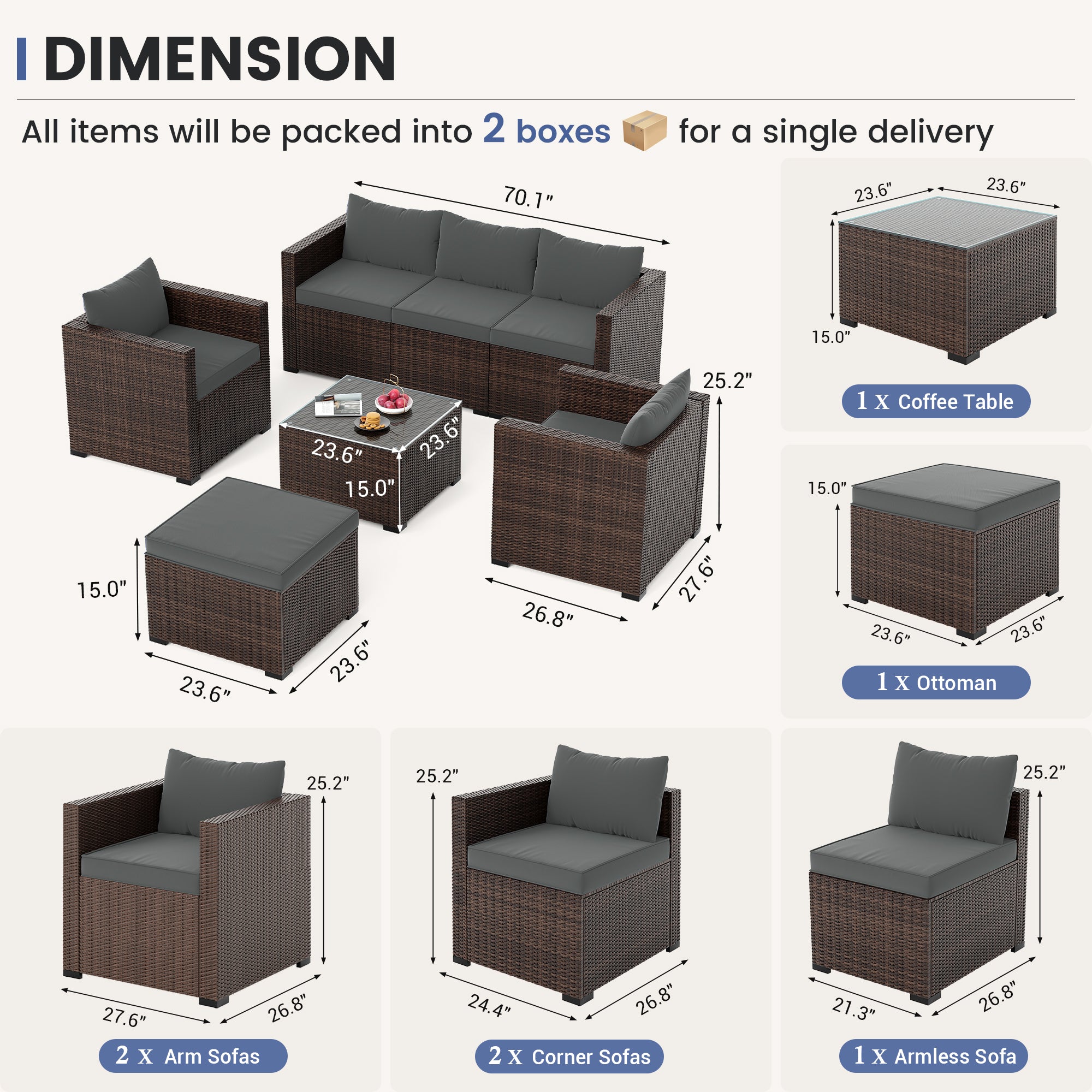 UDPATIO 7 Piece Patio Furniture Set, Outdoor Sectional Sofa, Grey