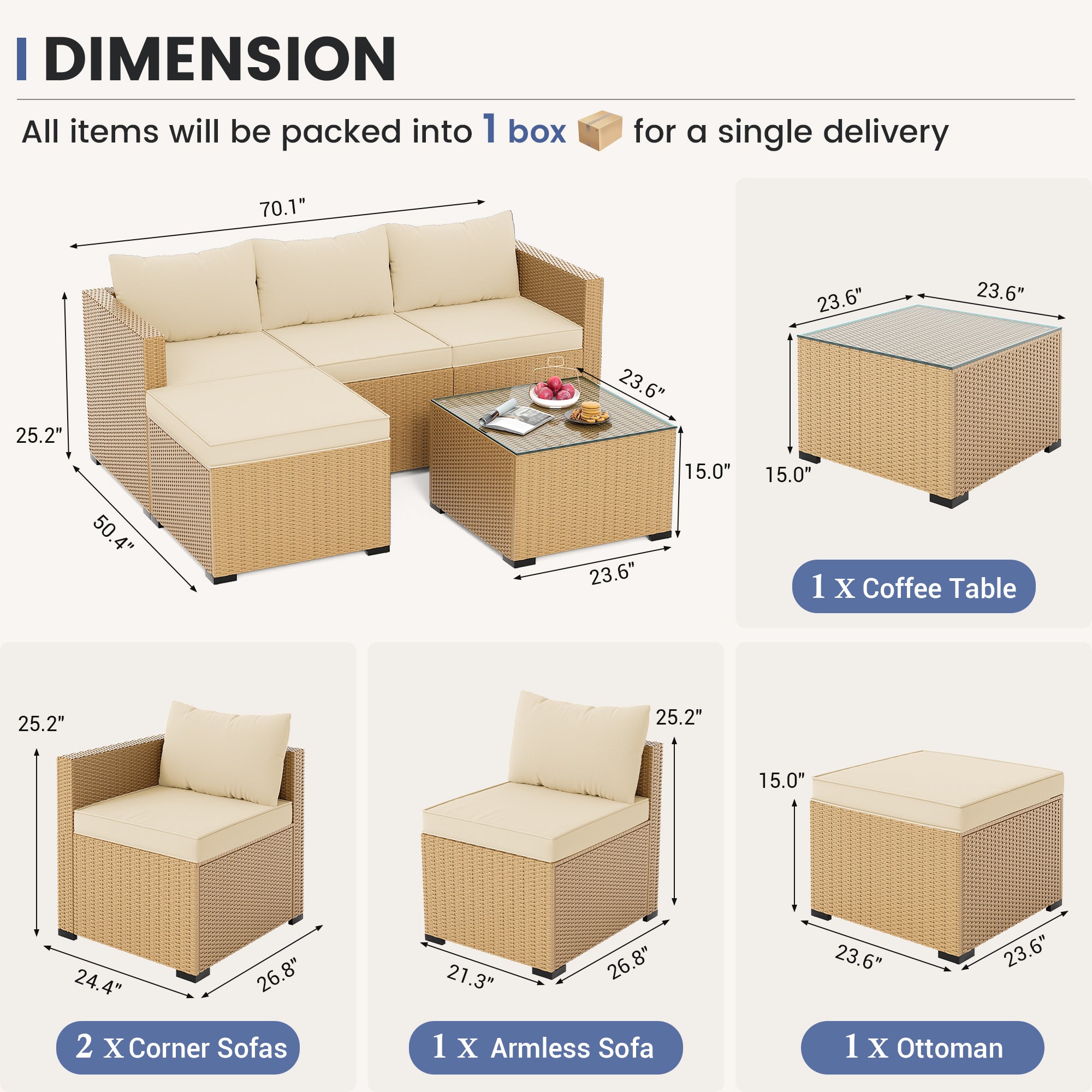 UDPATIO 5 Piece L Shaped Outdoor Couch, Small Space Patio Furniture Set,Beige