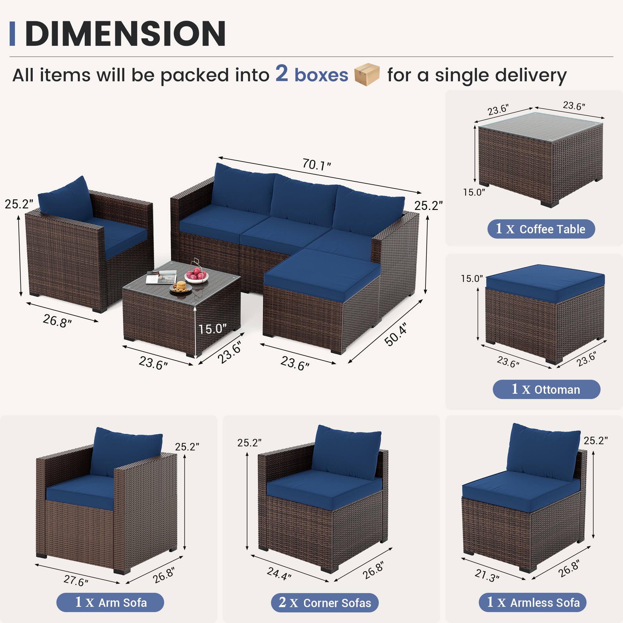 UDPATIO 6 Piece L Shaped Outdoor Couch, Patio Furniture Set, Navy Blue