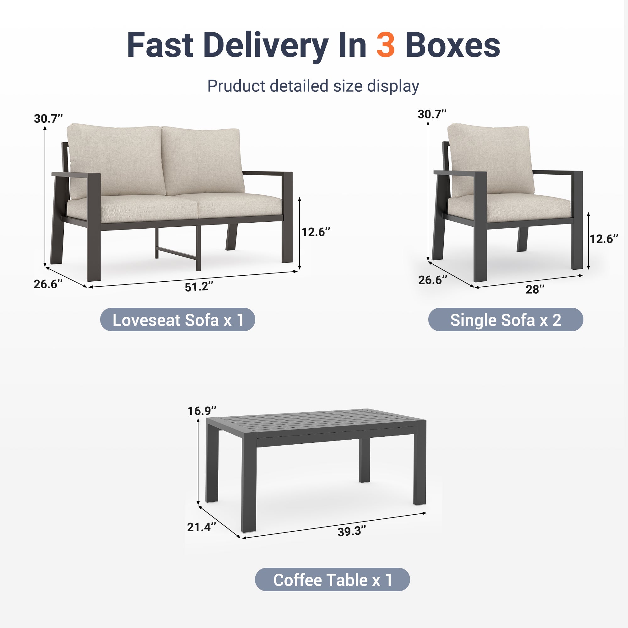 UDPATIO Aluminum Patio Furniture Set, 4 Pieces Sectional Metal Conversation Sofa Modern Seating Set with Coffee Table for Outdoor Garden Backyard, Beige