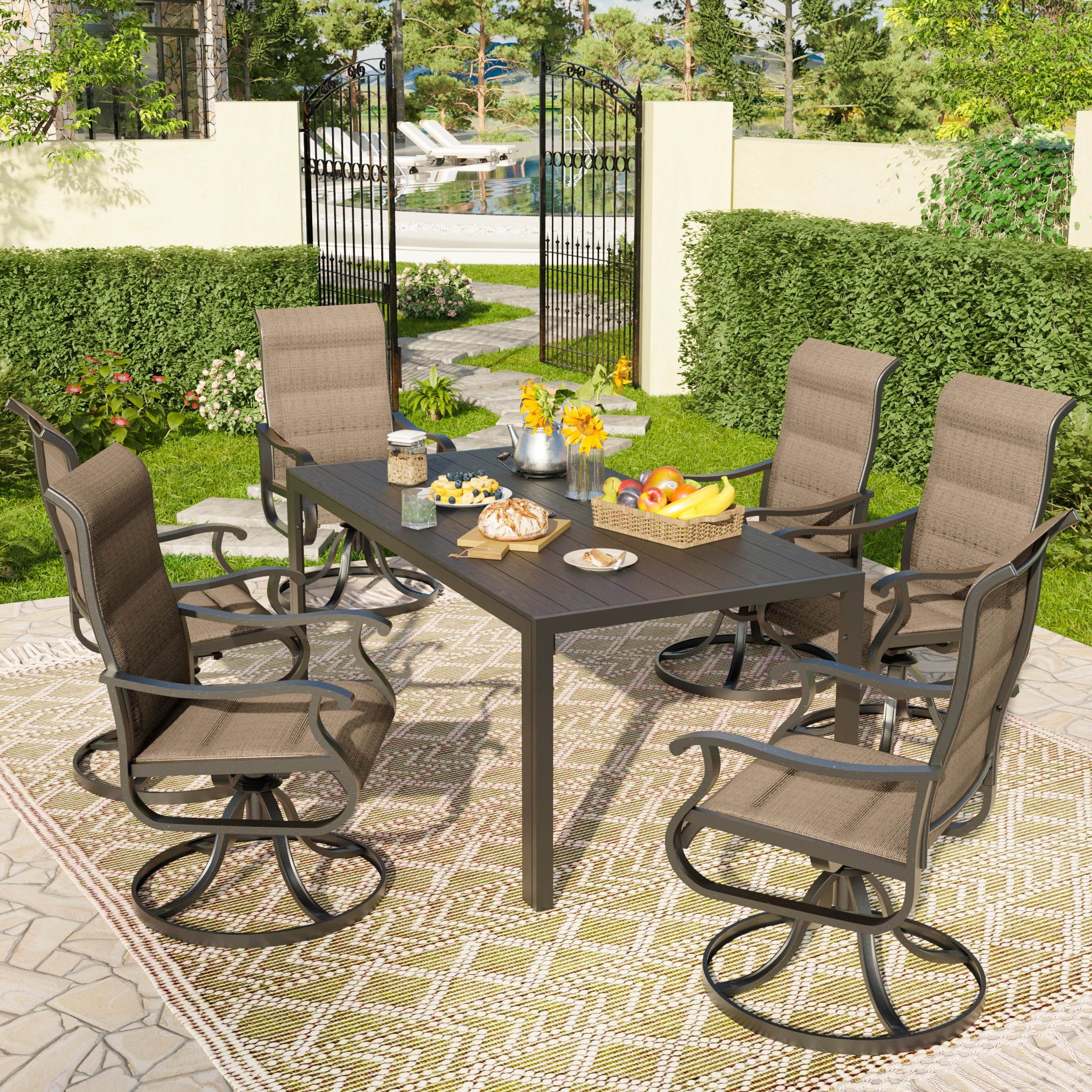 UDPATIO 7-Piece Outdoor Dining Set with High-Back Swivel Padded Chairs & Iron Rectangle Table for 6-Person, Black & Khaki