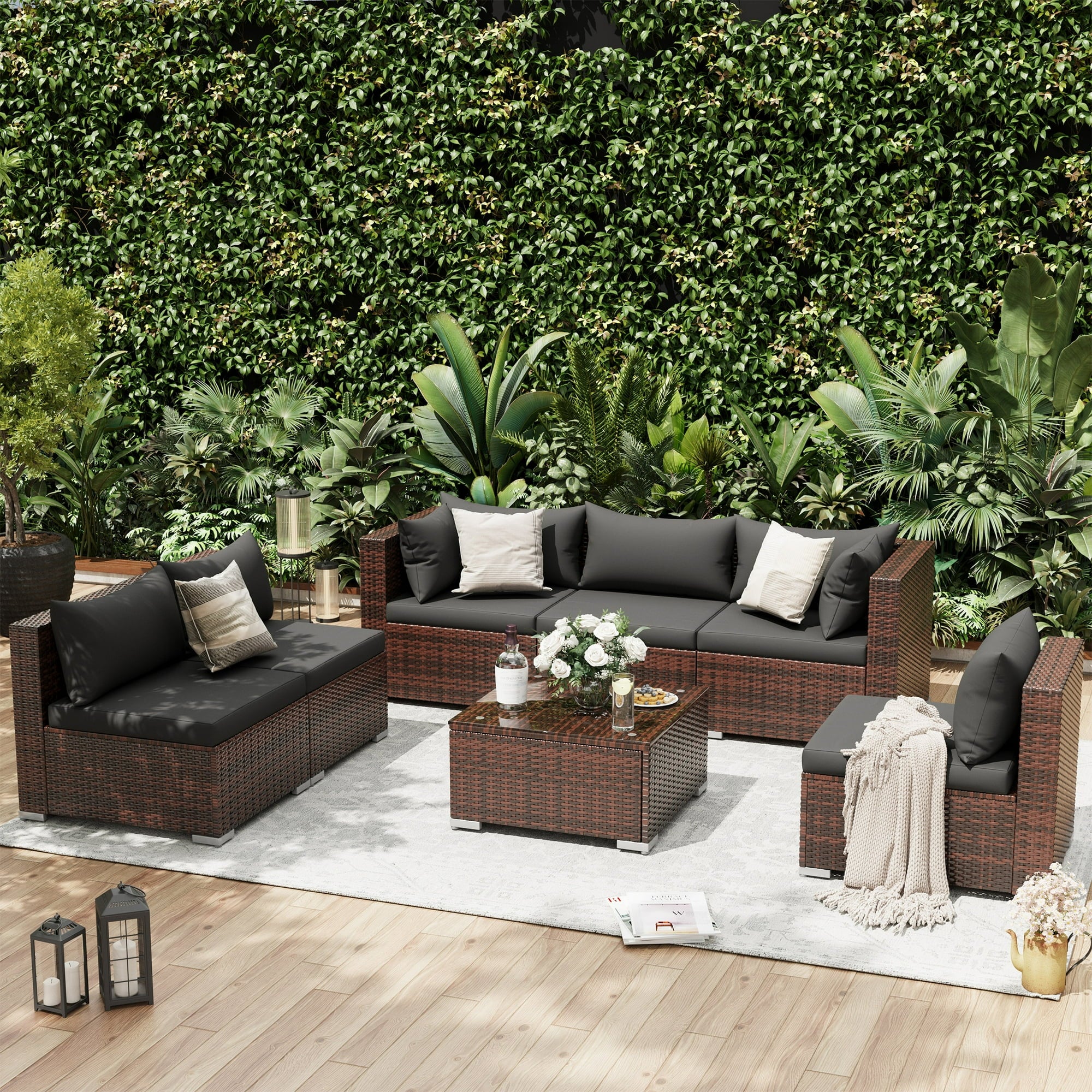 UDPATIO 7-Piece Rattan Outdoor Conversation Set with Glass Coffee Table, Grey