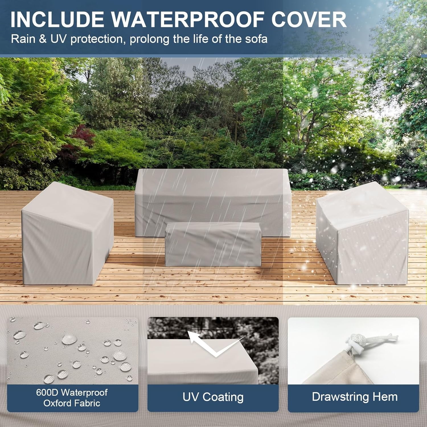 UDPATIO Patio Furniture Set,Metal Patio Furniture Sets,Beige Modern Outdoor Furniture,5 Piece Outdoor Patio Furniture with 5.75" Extra Thick Cushion for Backyard,Garden(Include Waterproof Covers)