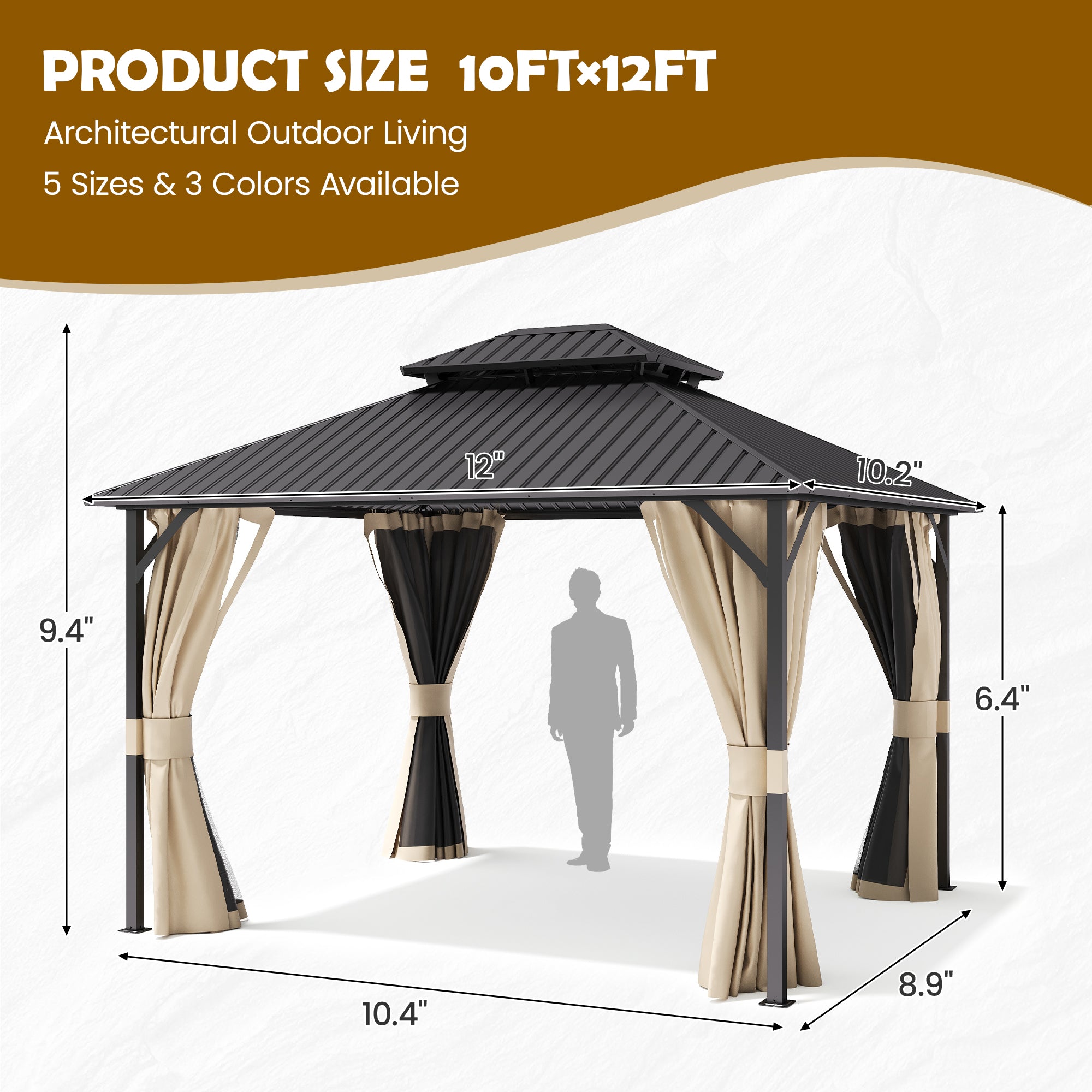 UDPATIO 10'x12' Hardtop Gazebo, Metal Gazebo with Galvanized Steel Double Roof, Permanent Patio Pavilion for Dining Parties, Beige
