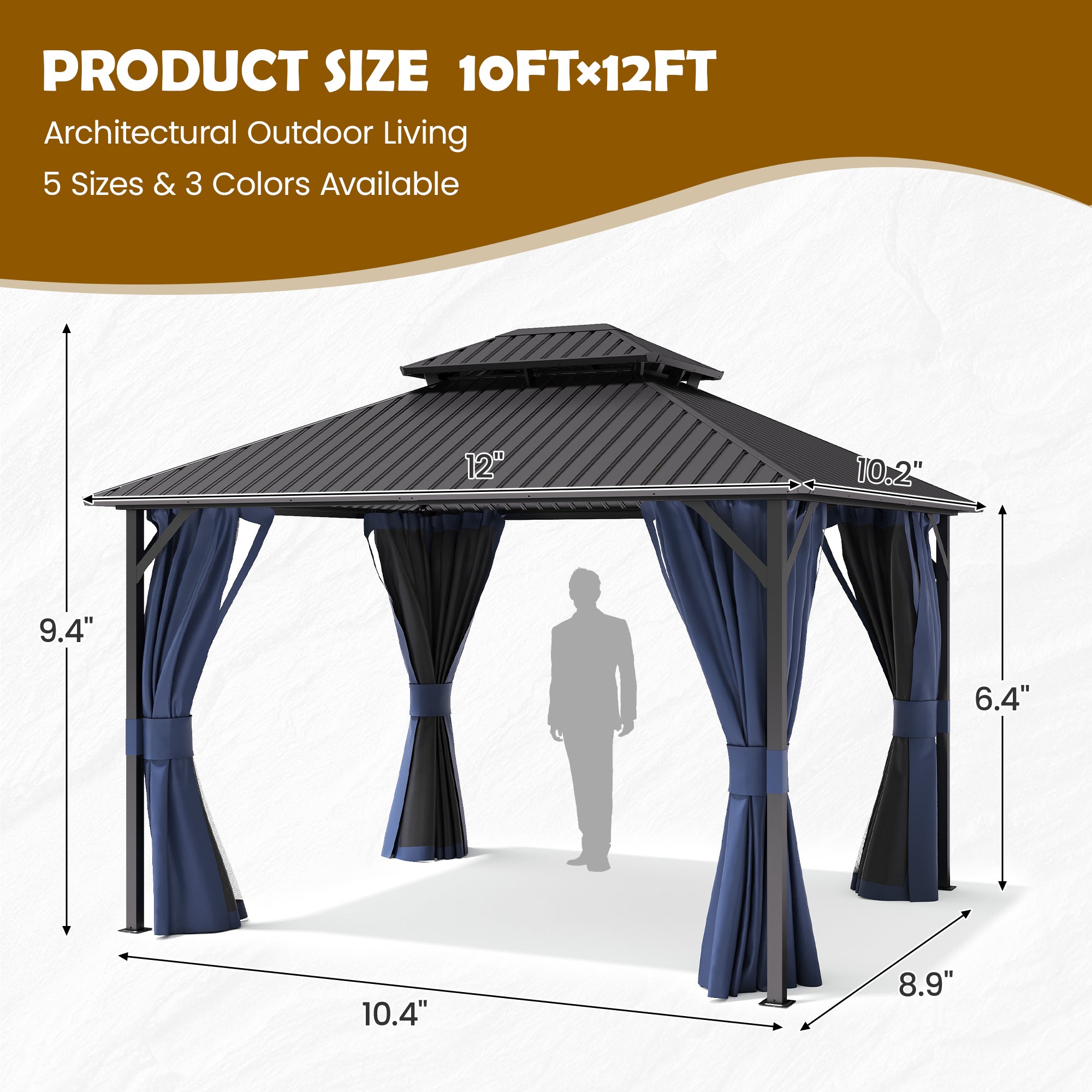 UDPATIO 10'x12' Hardtop Gazebo, Metal Gazebo with Galvanized Steel Double Roof, Permanent Patio Pavilion for Dining Parties, Navy Blue
