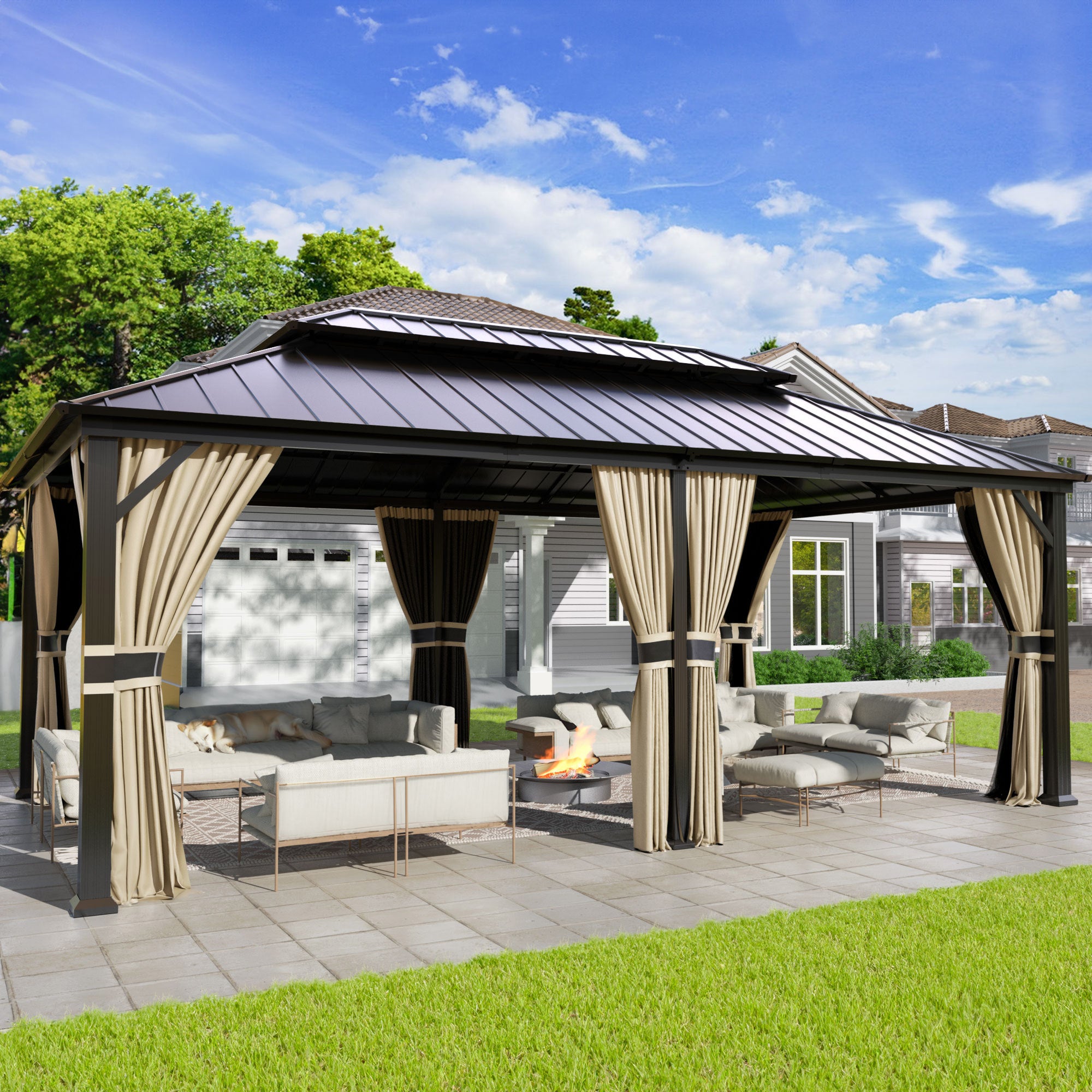 UDPATIO 12' x 20' Hardtop Gazebo,Aluminum Frame Galvanized Steel Double Roof Permanent Gazebo, Outdoor Metal Gazebos with Mosquito Netting and Curtains for Garden, Parties, Patio, Deck, Lawns, Beige
