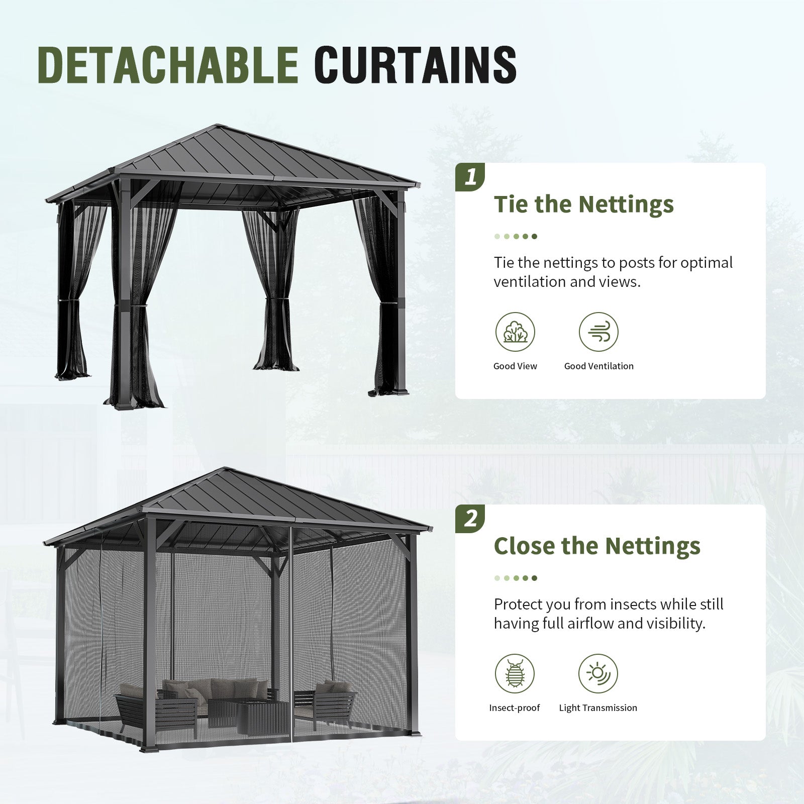 UDPATIO 10' x 10' Hardtop Gazebo, Metal Gazebo with Galvanized Steel Roof, Outdoor Permanent Pavilion with Netting for Patio, Backyard, Deck and Lawns