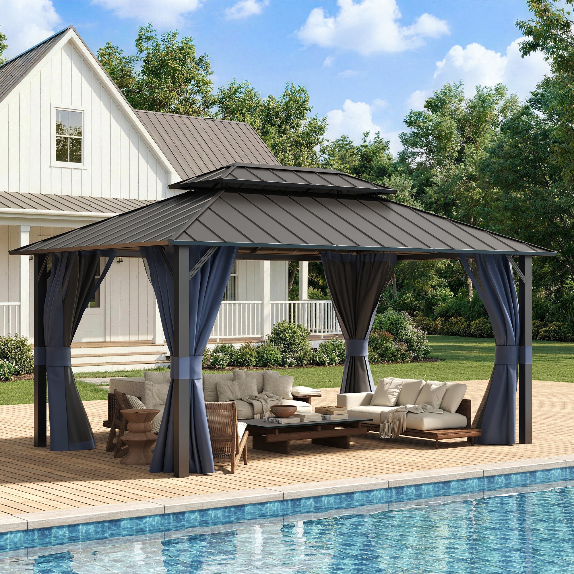 UDPATIO 12'x16' Permanent Hardtop Gazebo with Galvanized Steel Double Roof for Patio Backyard Garden, Curtains and Netting Included, Navy Bue