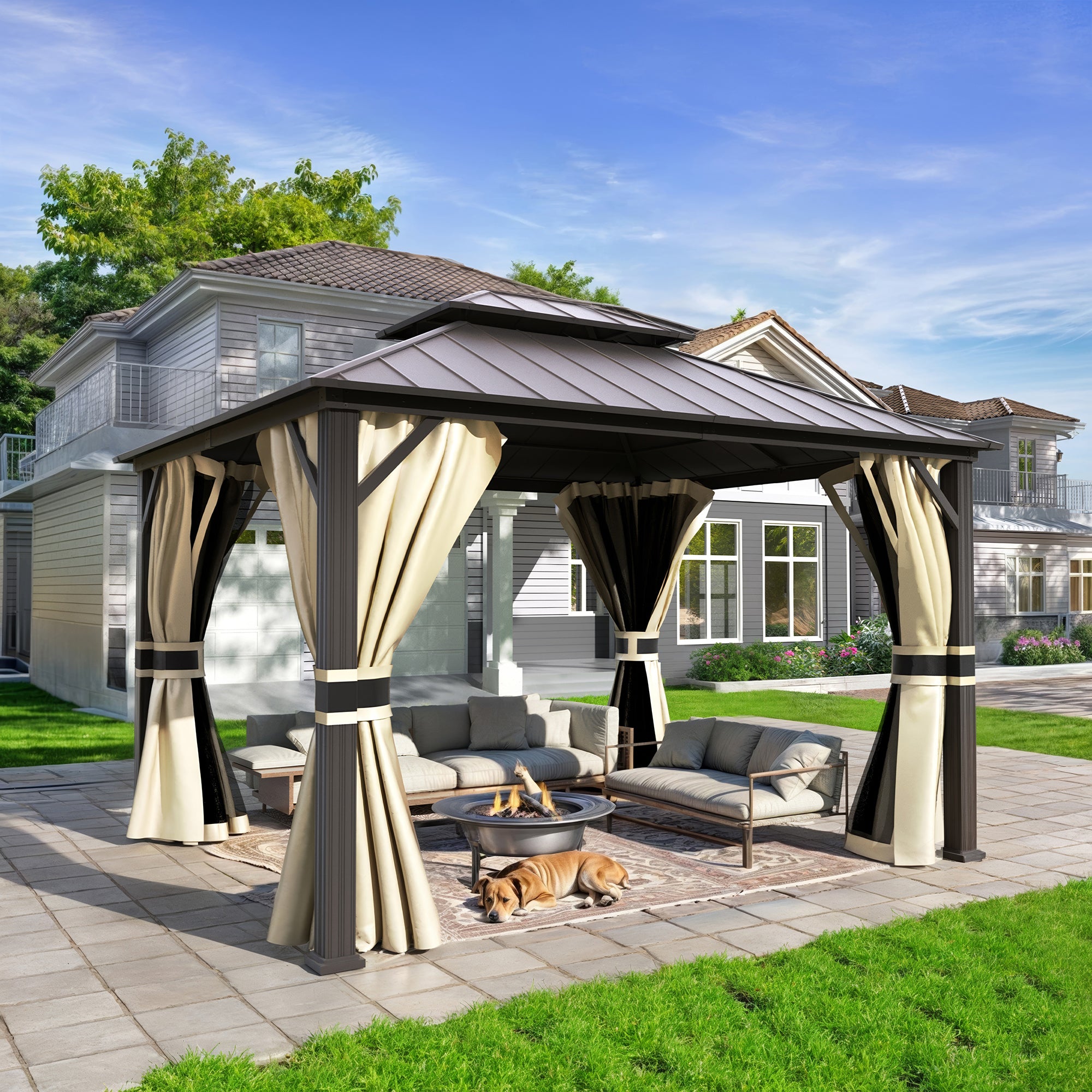 UDPATIO 10' x 12' Hardtop Gazebo,Aluminum Frame Galvanized Steel Double Roof Permanent Gazebo, Outdoor Metal Gazebos with Mosquito Netting and Curtains for Garden, Parties, Patio, Deck, Lawns, Beige