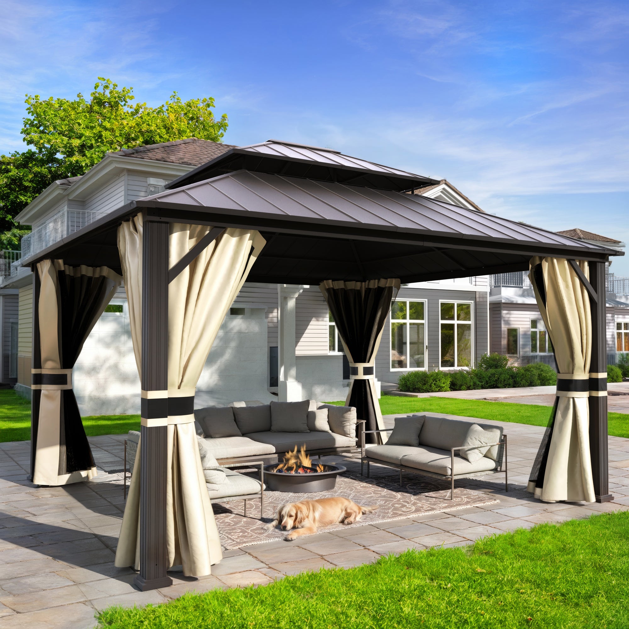 UDPATIO 12' x 14' Hardtop Gazebo,Aluminum Frame Galvanized Steel Double Roof Permanent Gazebo, Outdoor Metal Gazebos with Mosquito Netting and Curtains for Garden, Parties, Patio, Deck, Lawns, Beige