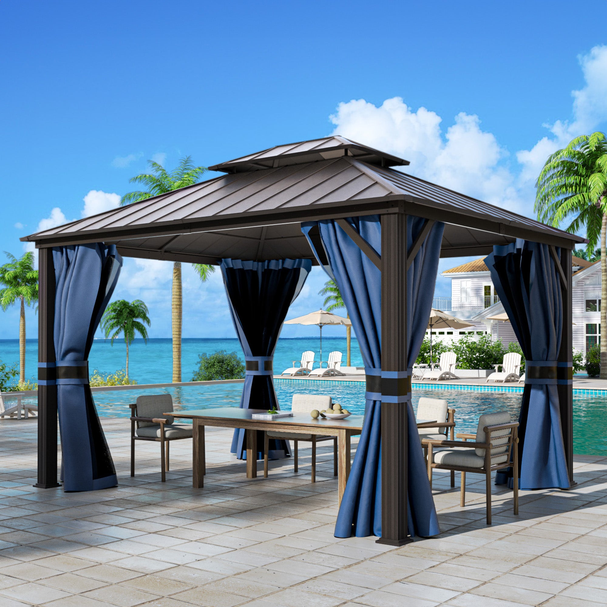 UDPATIO 10' x 12' Hardtop Gazebo, Outdoor Aluminum Gazebo with Galvanized Steel Double Roof, Permanent Metal Canopy with Curtains and Netting for Patio, Garden, Lawn, Backyard, Deck, Navy Blue