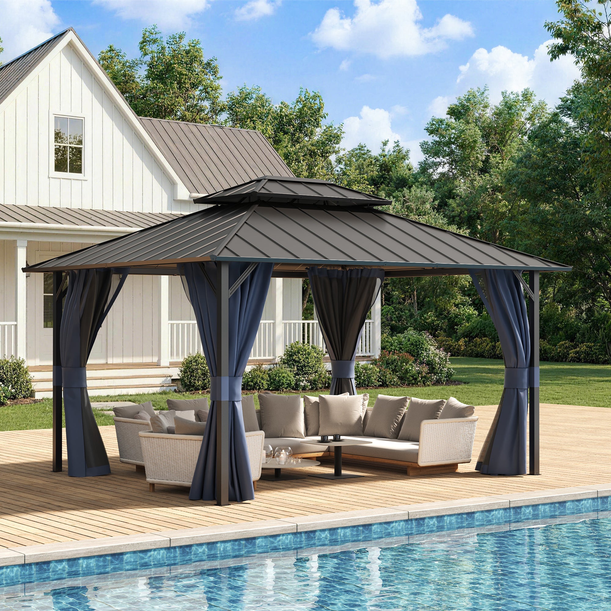 UDPATIO 12'x14' Hardtop Gazebo, Permanent Patio Pavilion with Breathable Netting and Privacy Curtain for Dining Party, Navy Blue