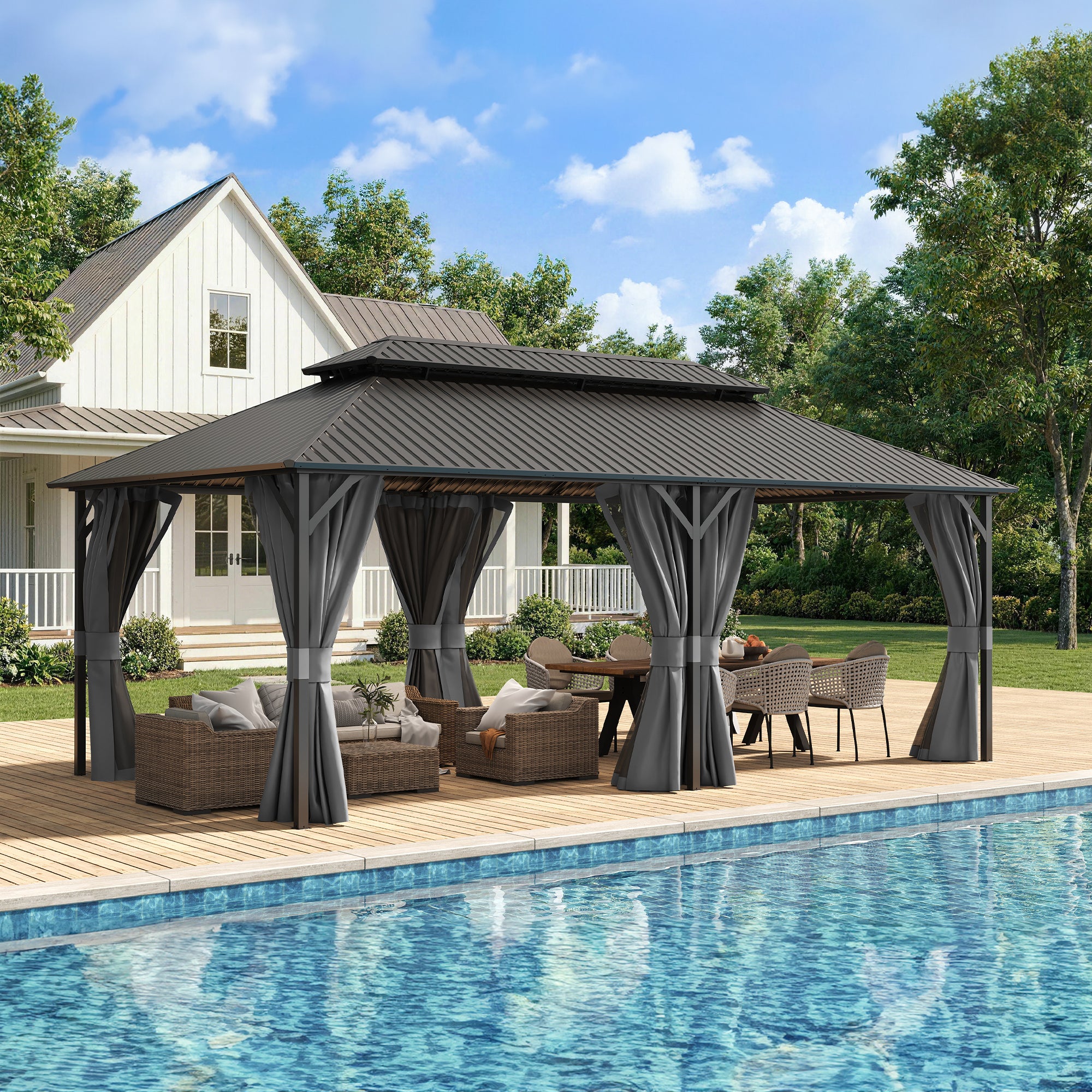 UDPATIO 12'x20' Hardtop Gazebo, Outdoor Metal Gazebo with Galvanized Steel Double Roof, Permanent Pavilion with Netting and Curtains for Lawn, Garden, Patio, Grey