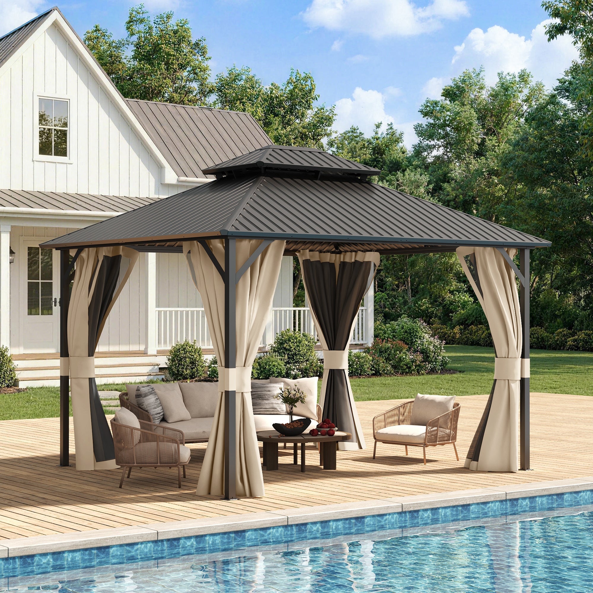 UDPATIO 10'x12' Hardtop Gazebo, Metal Gazebo with Galvanized Steel Double Roof, Permanent Patio Pavilion for Dining Parties, Beige